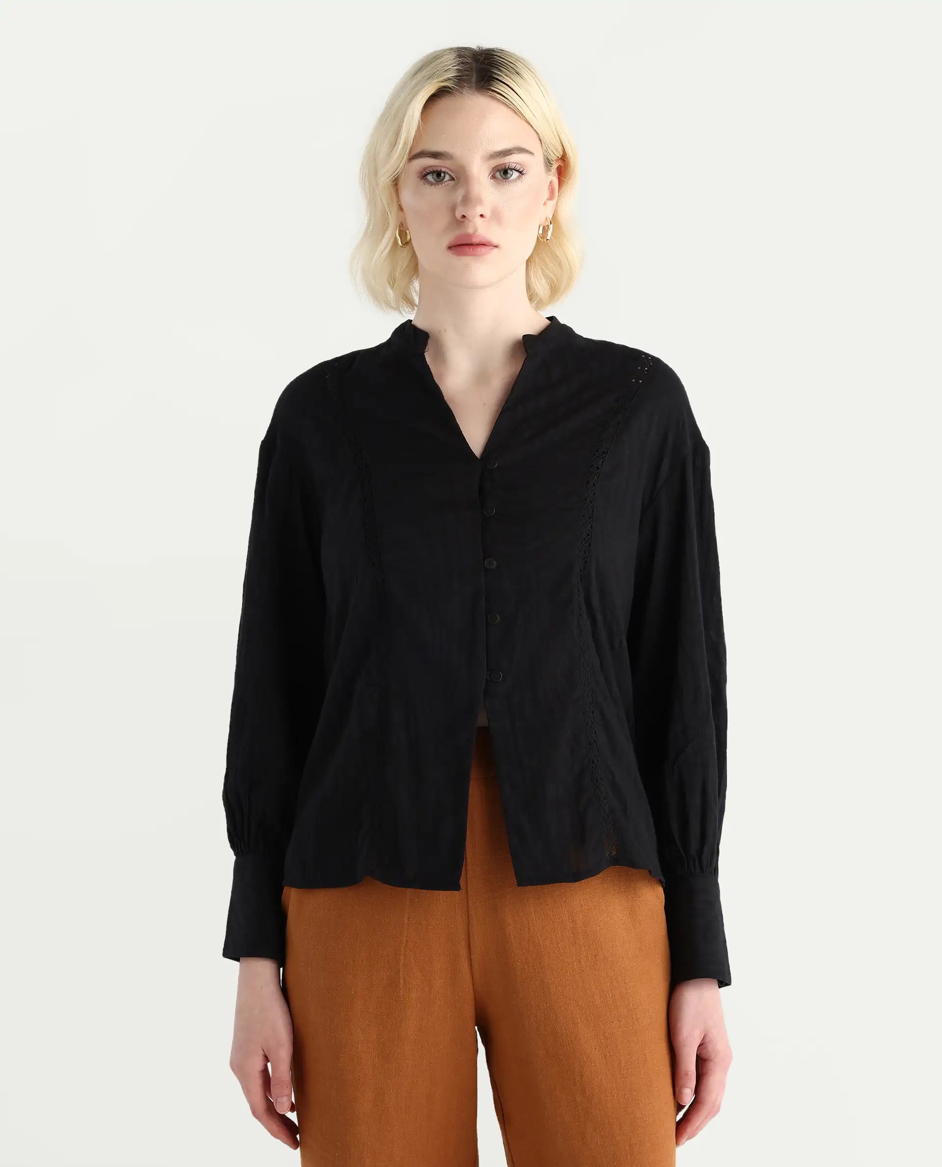 Rareism Women's Janmax Black Cotton Mandarin Collar Plain Cuffed Sleeve Regular Fit Top