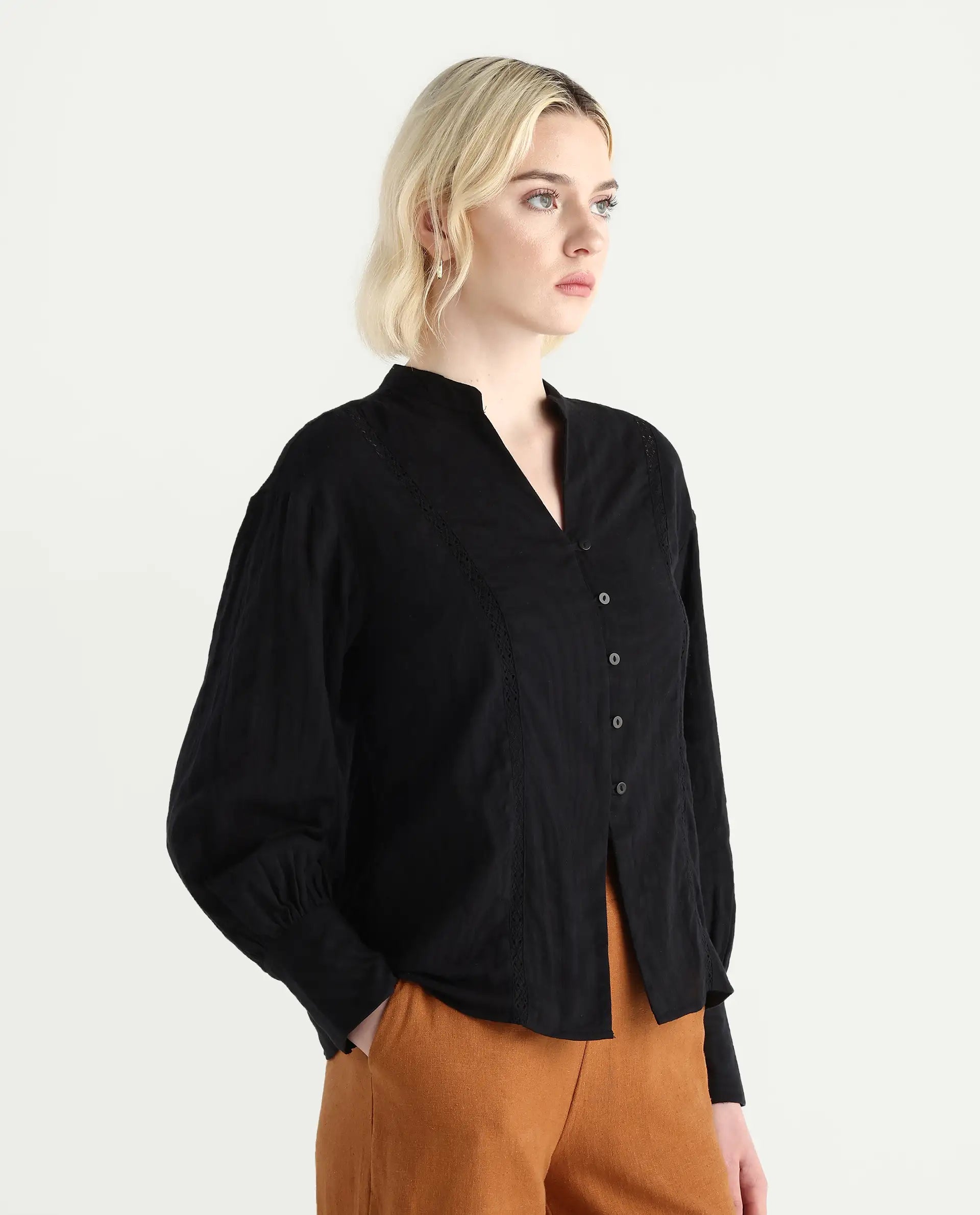 Rareism Women's Janmax Black Cotton Mandarin Collar Plain Cuffed Sleeve Regular Fit Top