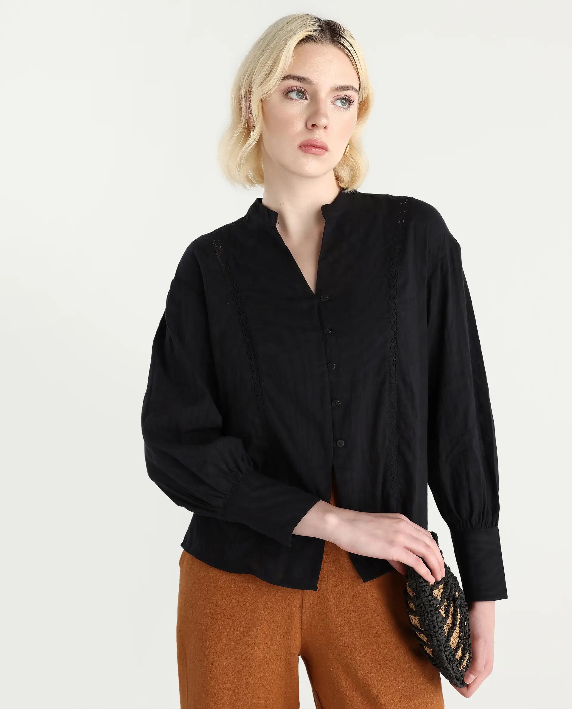 Rareism Women's Janmax Black Cotton Mandarin Collar Plain Cuffed Sleeve Regular Fit Top