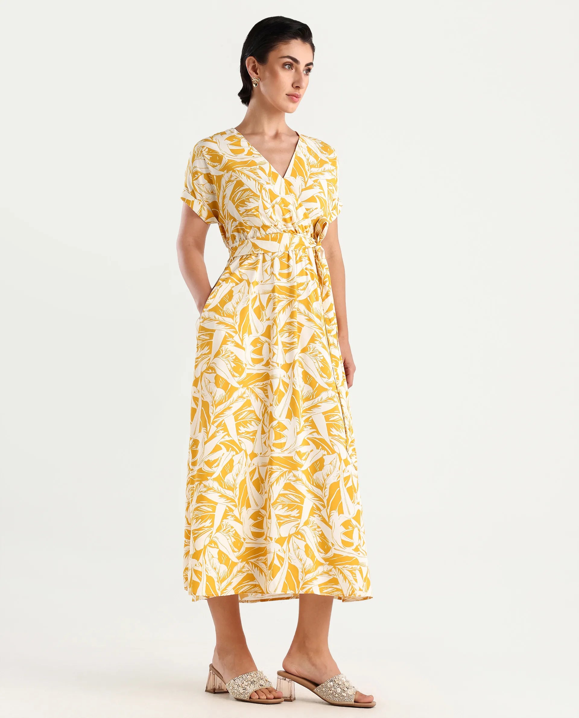 Rareism Women's Janmink Light Mustard Viscose Overlap Neck Floral Print Ruffled Sleeve Midi Wrap Dress