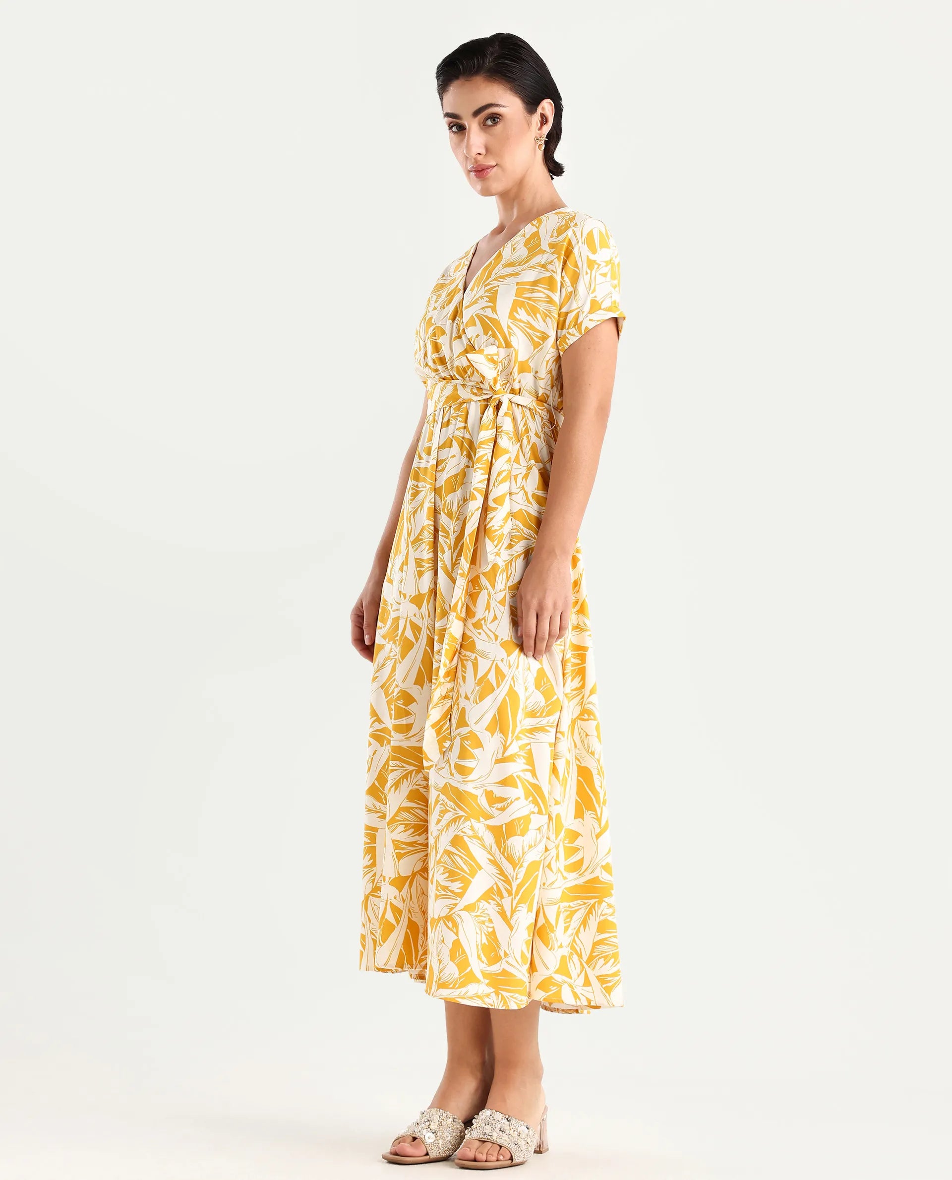 Rareism Women's Janmink Light Mustard Viscose Overlap Neck Floral Print Ruffled Sleeve Midi Wrap Dress