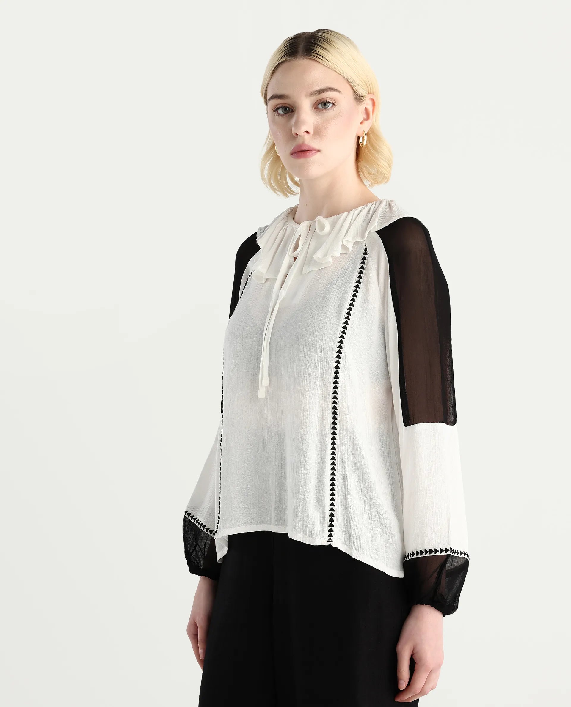 Rareism Women's Janmolo White Rayon Ruffled Neck Color Block Raglan Sleeve Regular Fit Top