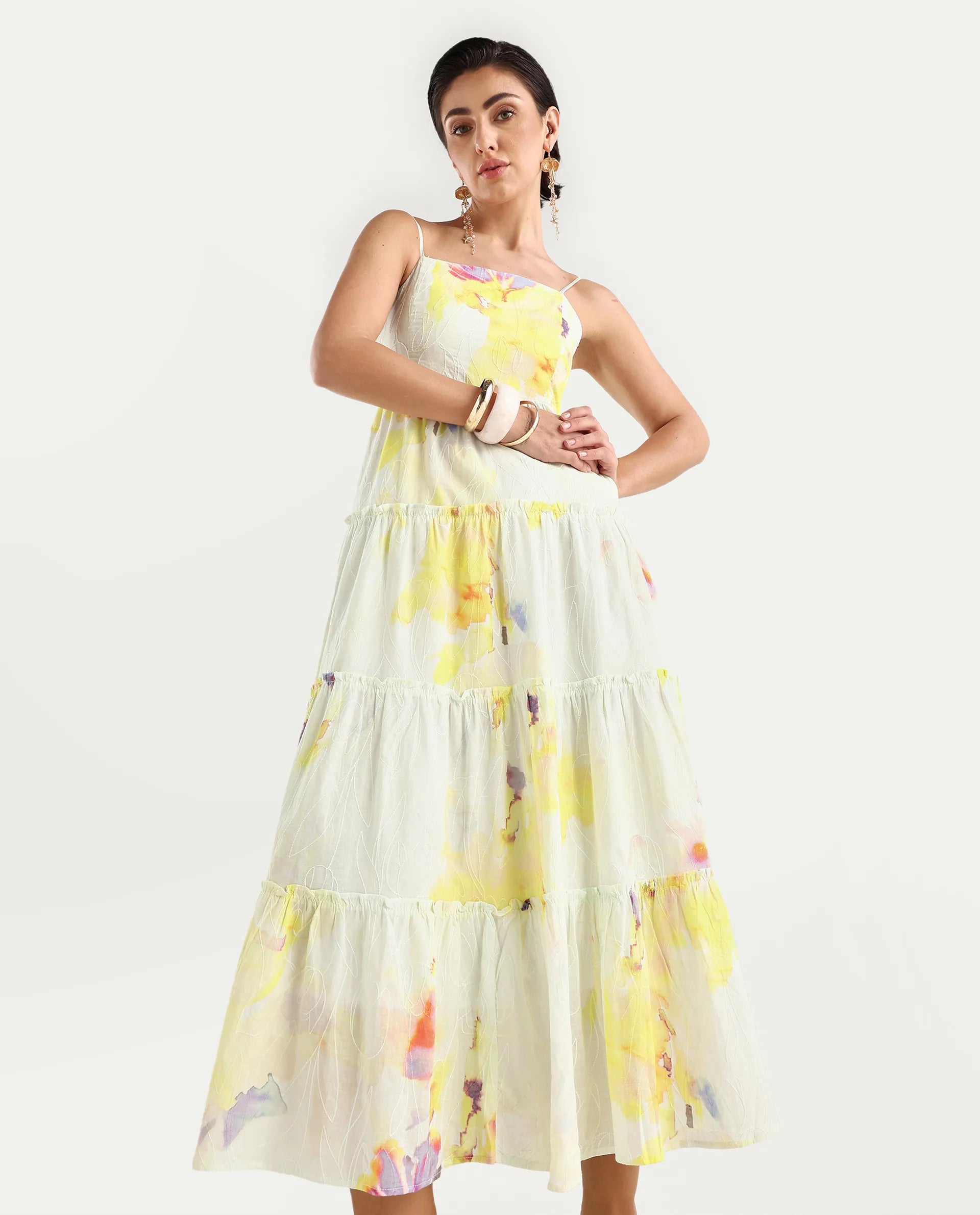 Rareism Women's Jannew Light Multi Cotton Shoulder Strap Floral Print Sleeveless Maxi Fit And Flare Dress