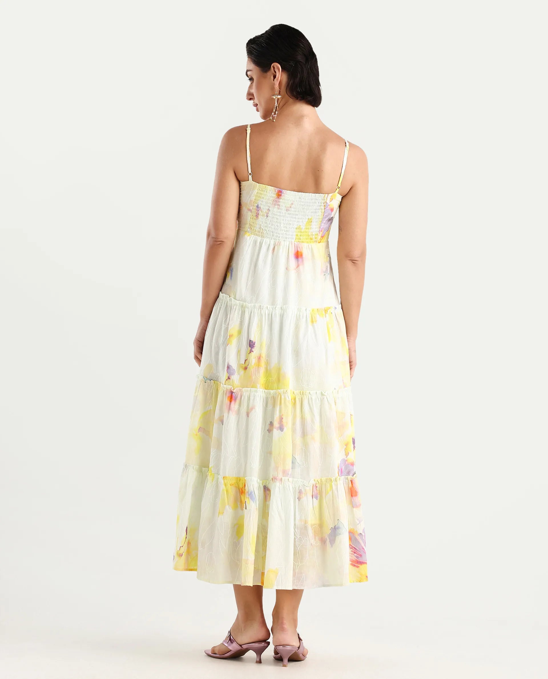 Rareism Women's Jannew Light Multi Cotton Shoulder Strap Floral Print Sleeveless Maxi Fit And Flare Dress