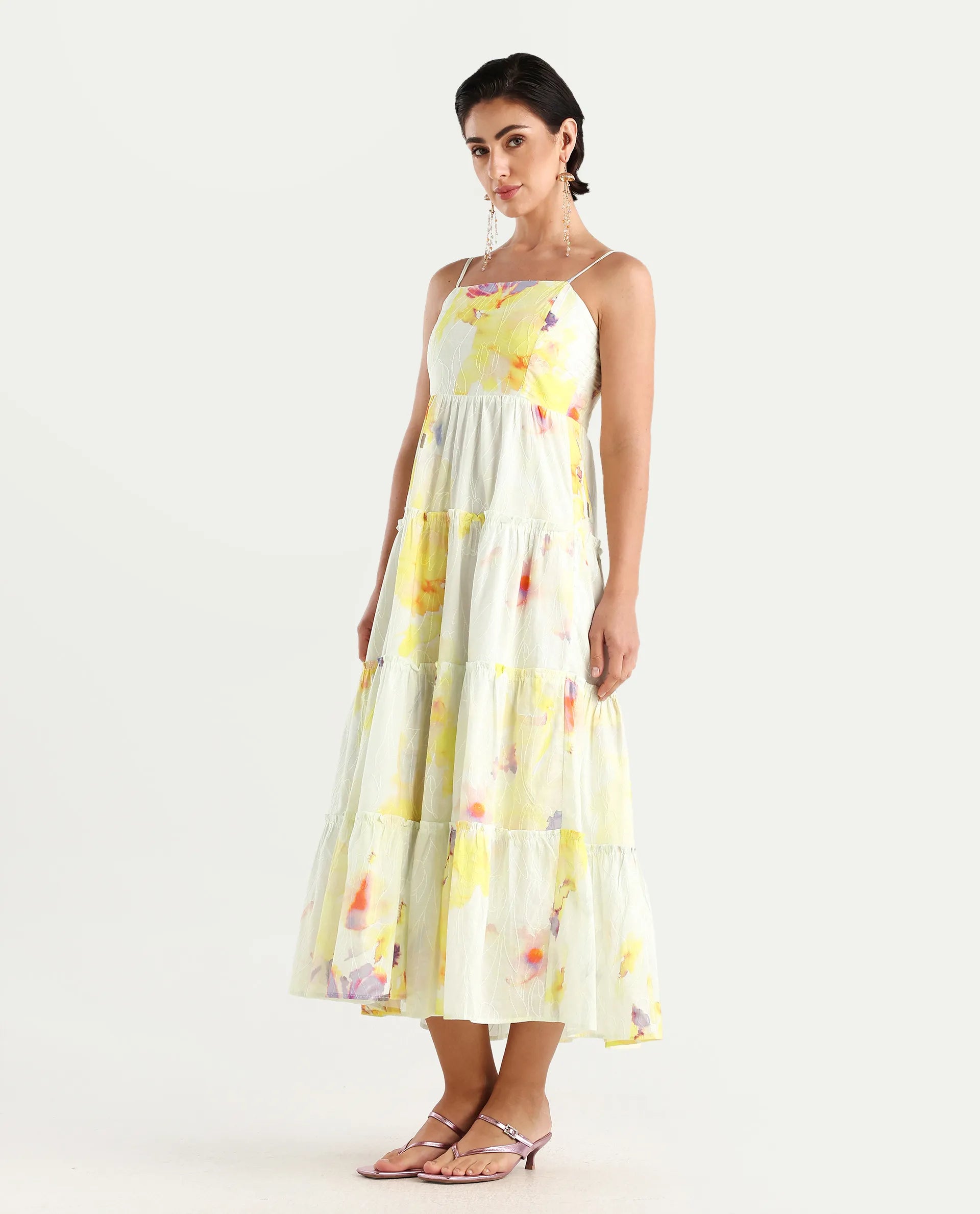 Rareism Women's Jannew Light Multi Cotton Shoulder Strap Floral Print Sleeveless Maxi Fit And Flare Dress