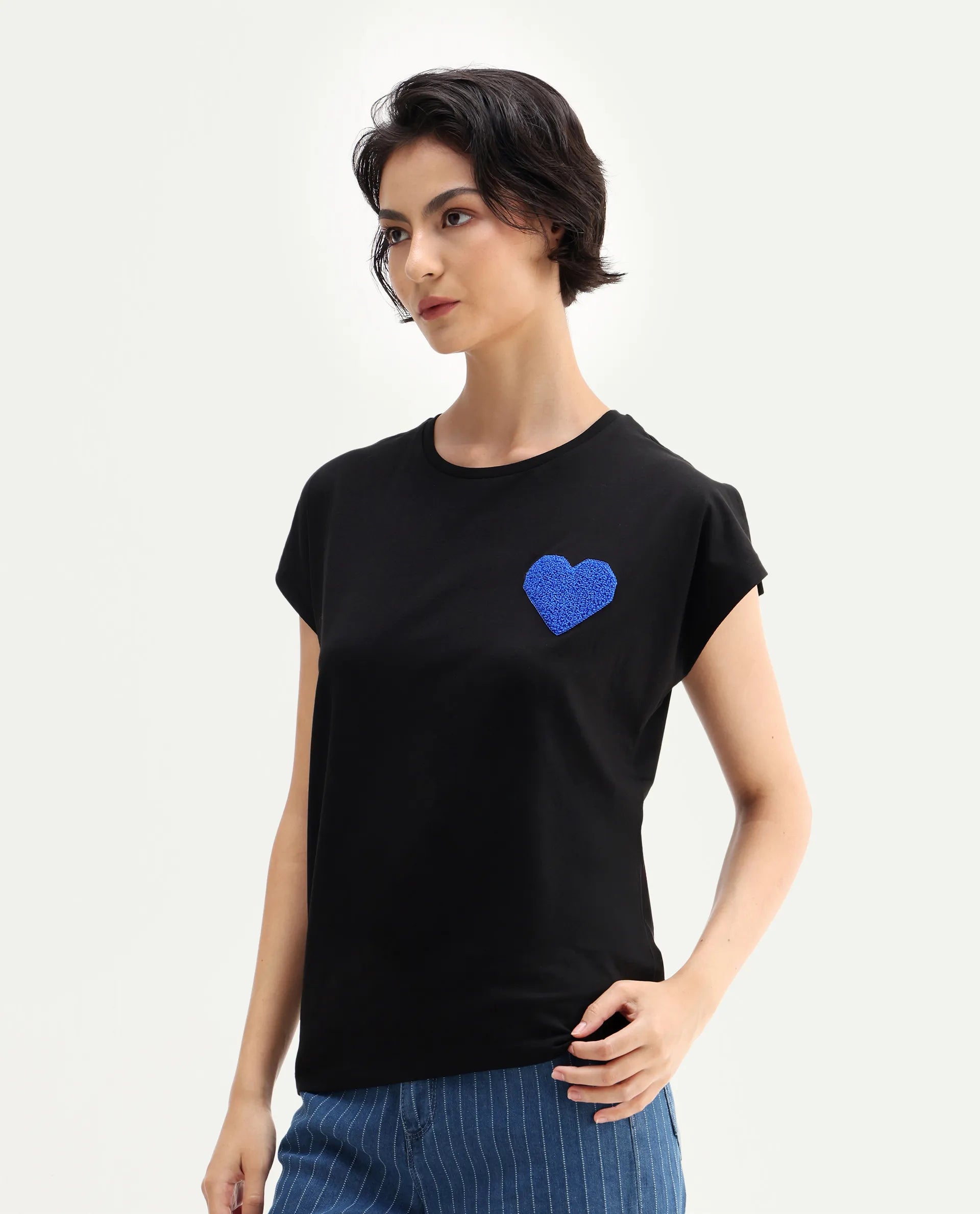 Rareism Women's Janori Black Cotton Blend Round Neck Plain Extended Sleeves Regular Fit T-Shirt