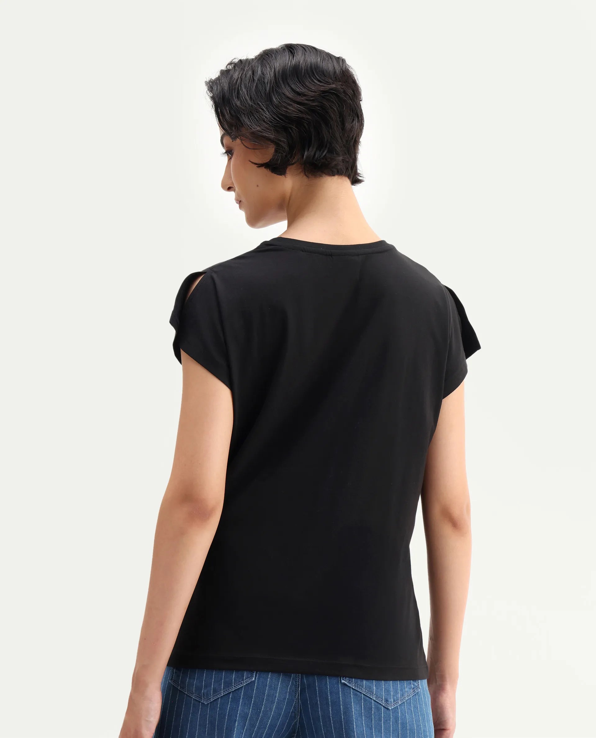 Rareism Women's Janori Black Cotton Blend Round Neck Plain Extended Sleeves Regular Fit T-Shirt