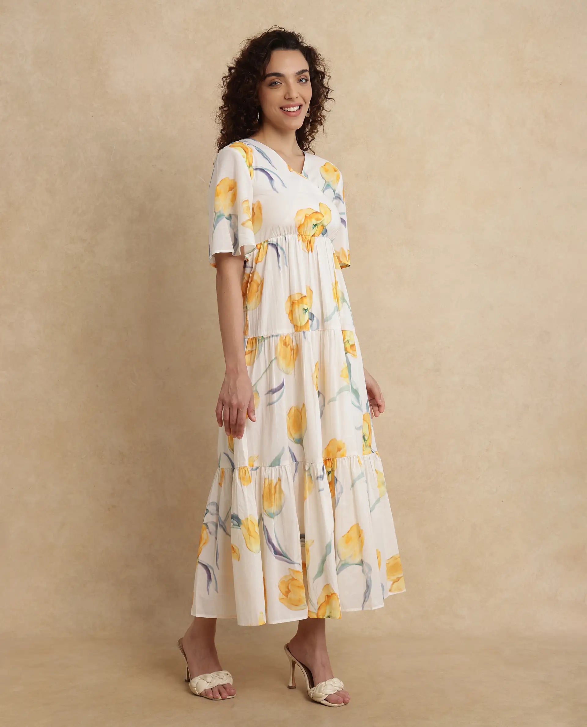 Rareism Women's Janpa Off White Cotton Fabric Overlap Neck Slip-On Closure Ruffled Sleeve Floral Print Fit And Flare Maxi Dress