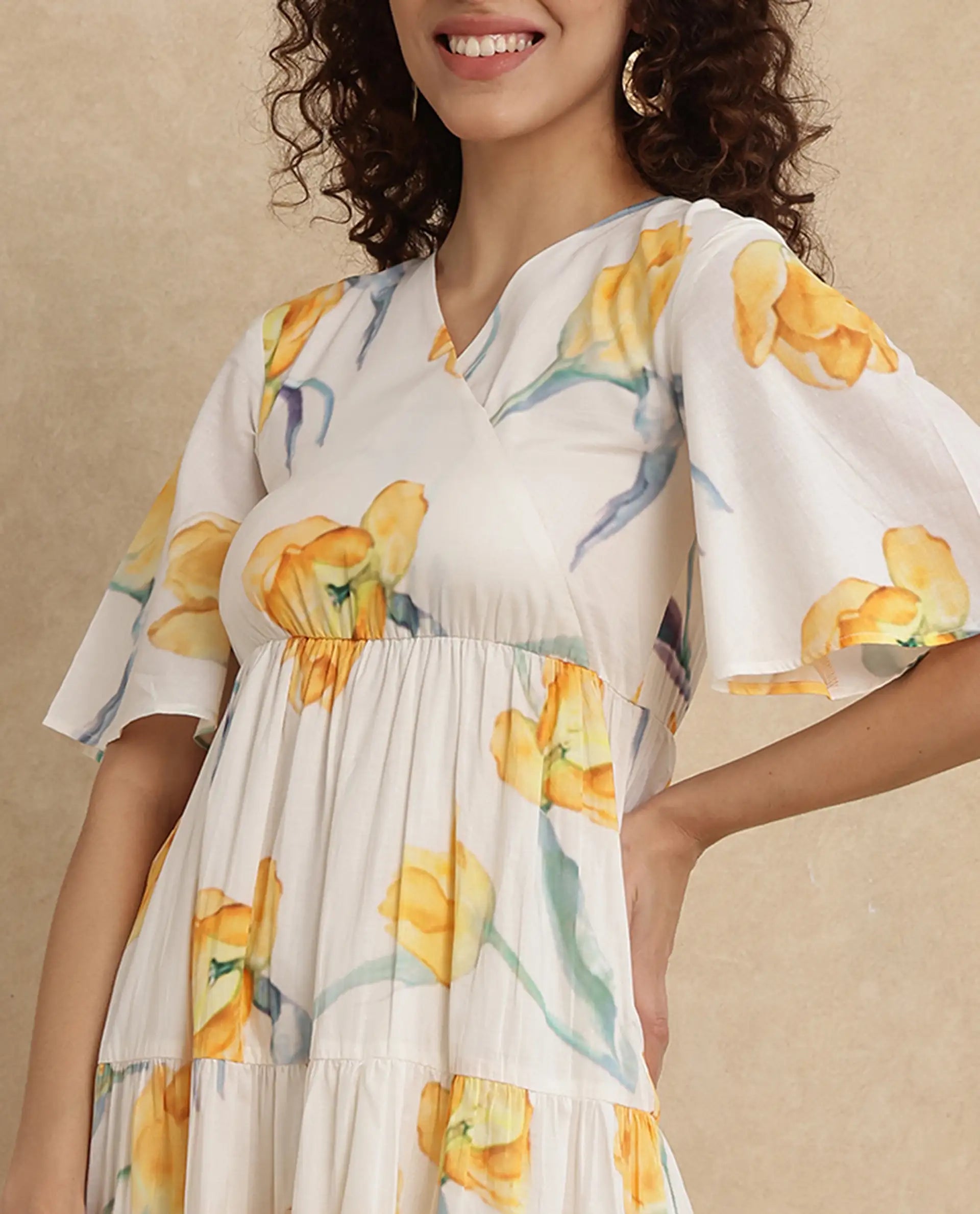 Rareism Women's Janpa Off White Cotton Fabric Overlap Neck Slip-On Closure Ruffled Sleeve Floral Print Fit And Flare Maxi Dress