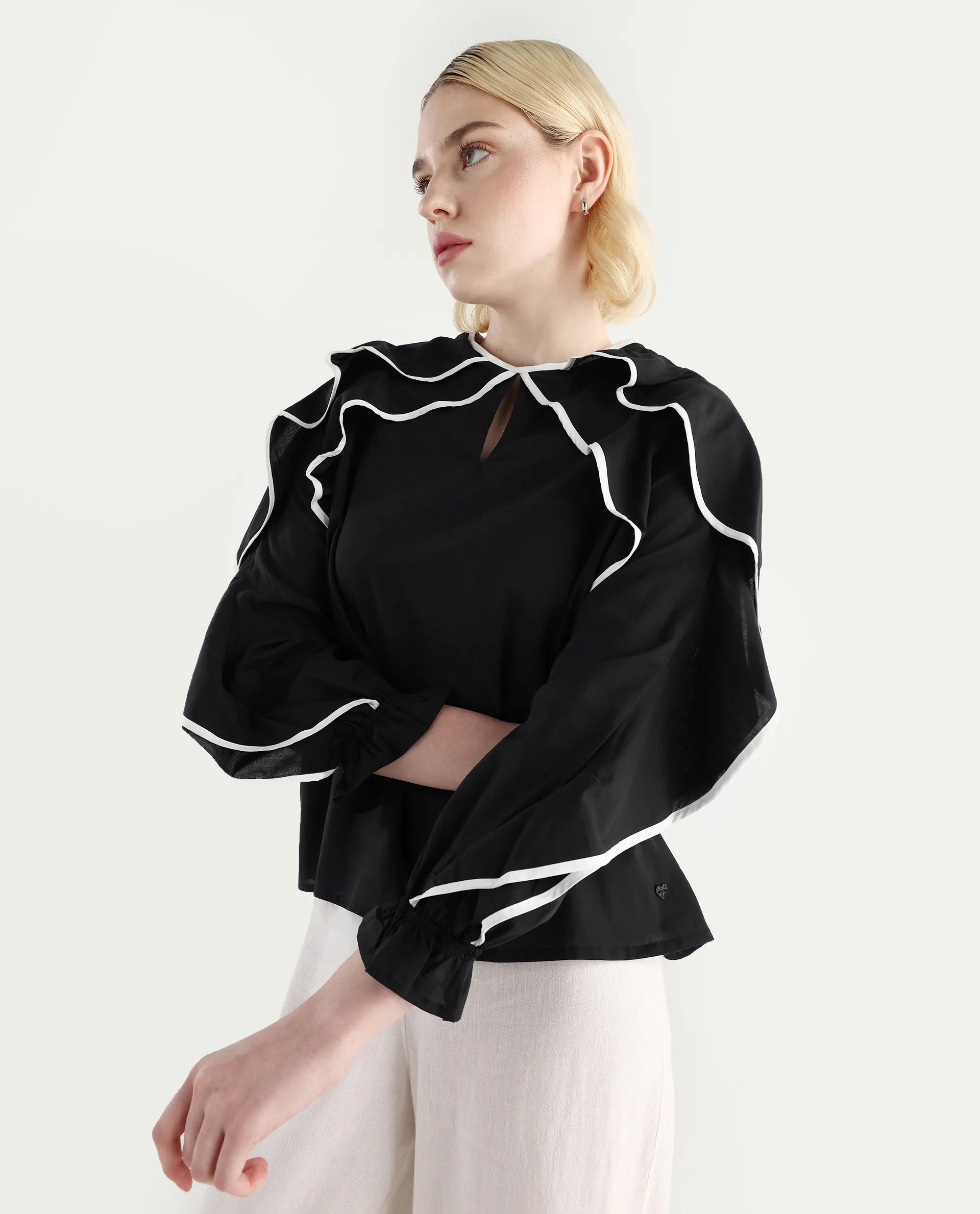 Rareism Women's Janpara Black Modal Round Neck Printed Raglan Sleeve Regular Fit Top