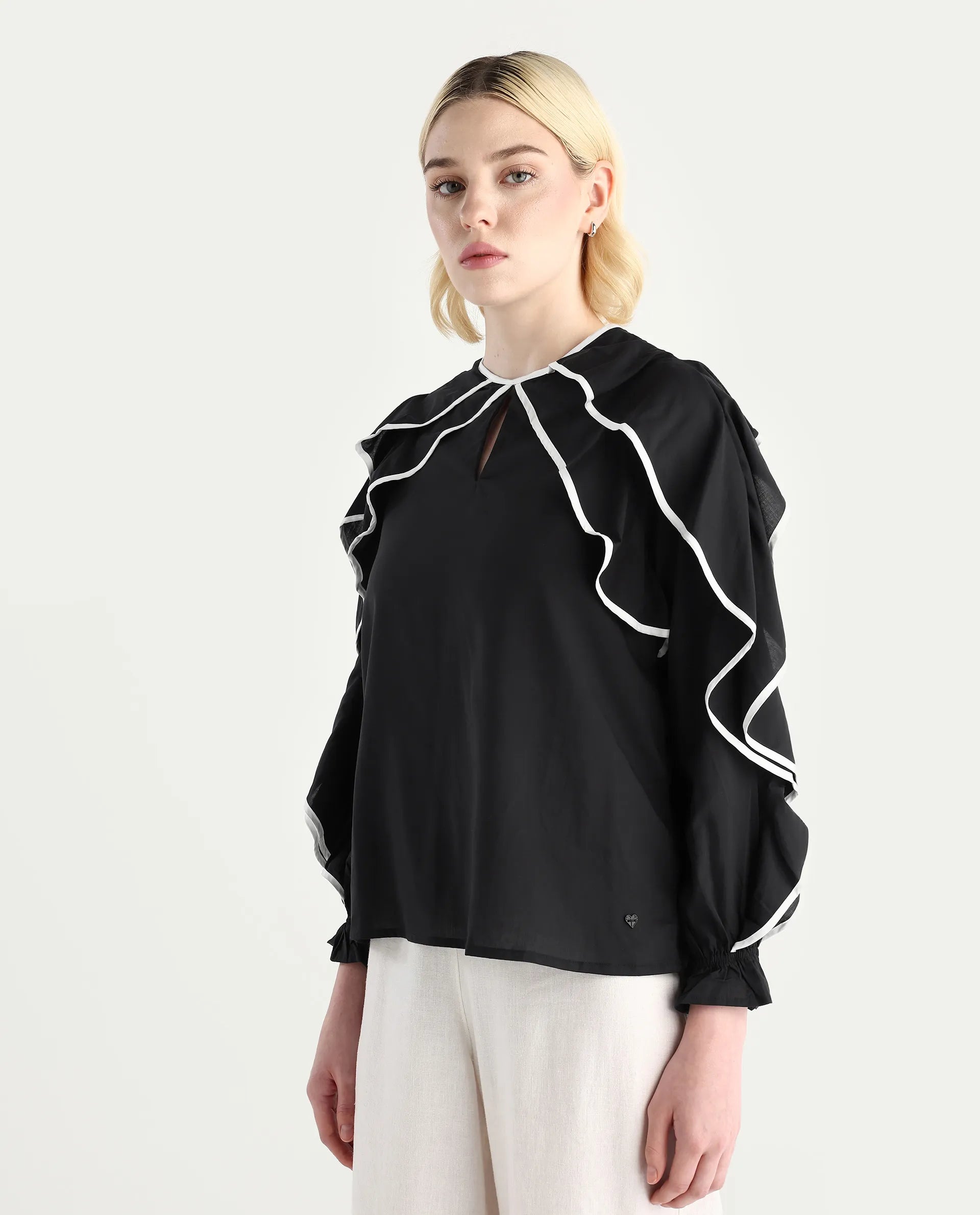 Rareism Women's Janpara Black Modal Round Neck Printed Raglan Sleeve Regular Fit Top