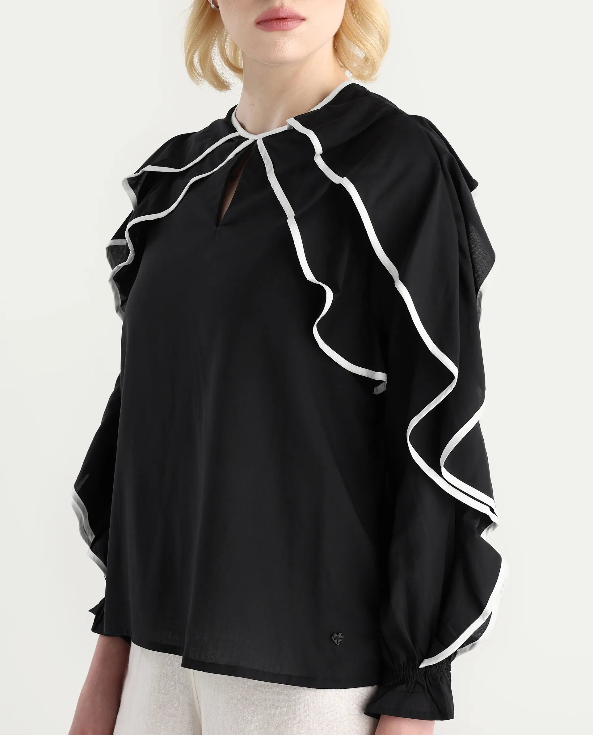 Rareism Women's Janpara Black Modal Round Neck Printed Raglan Sleeve Regular Fit Top