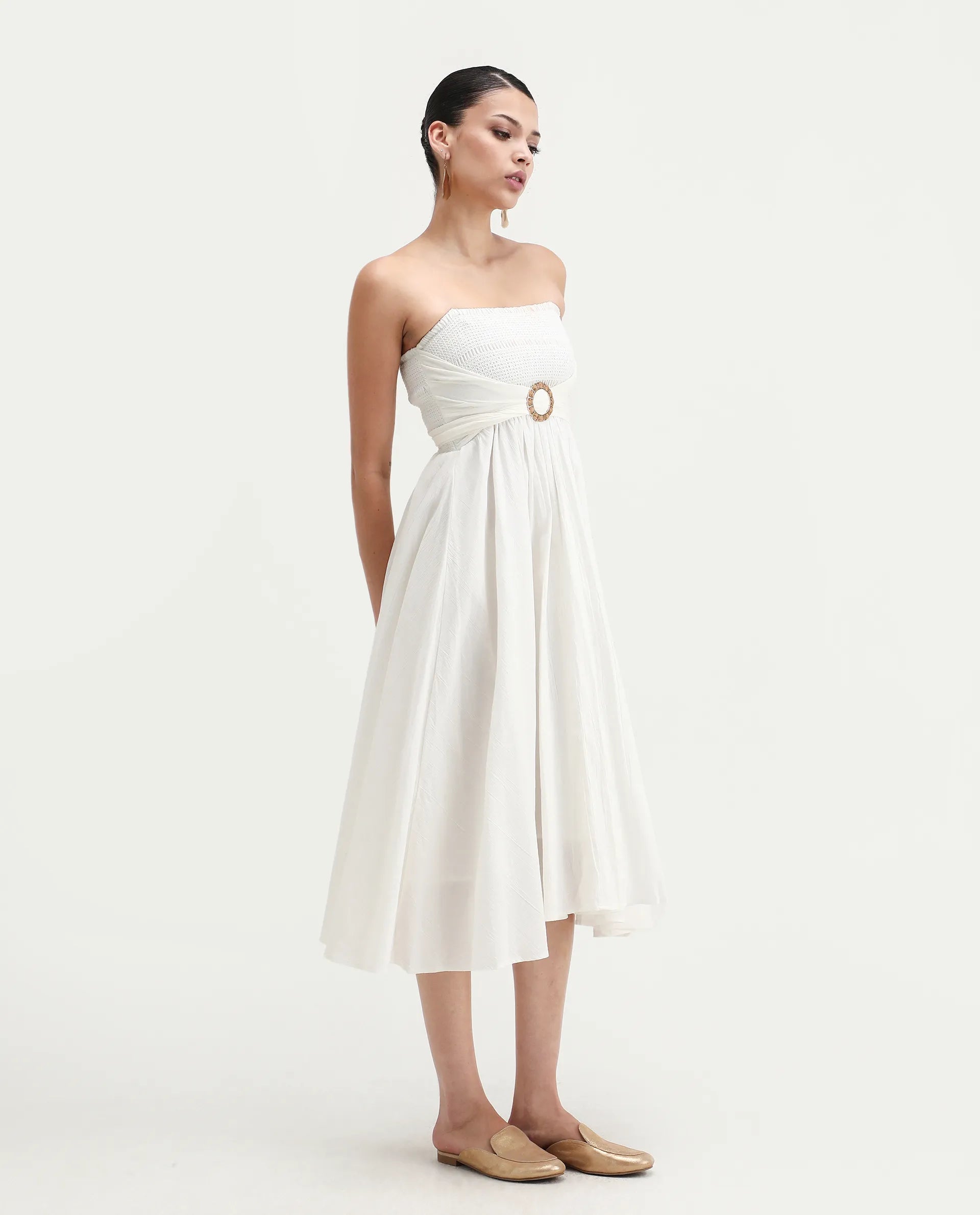 Rareism Women's Janpla Off White Cotton Tube Neck Plain Sleeveless Midi Fit And Flare Dress