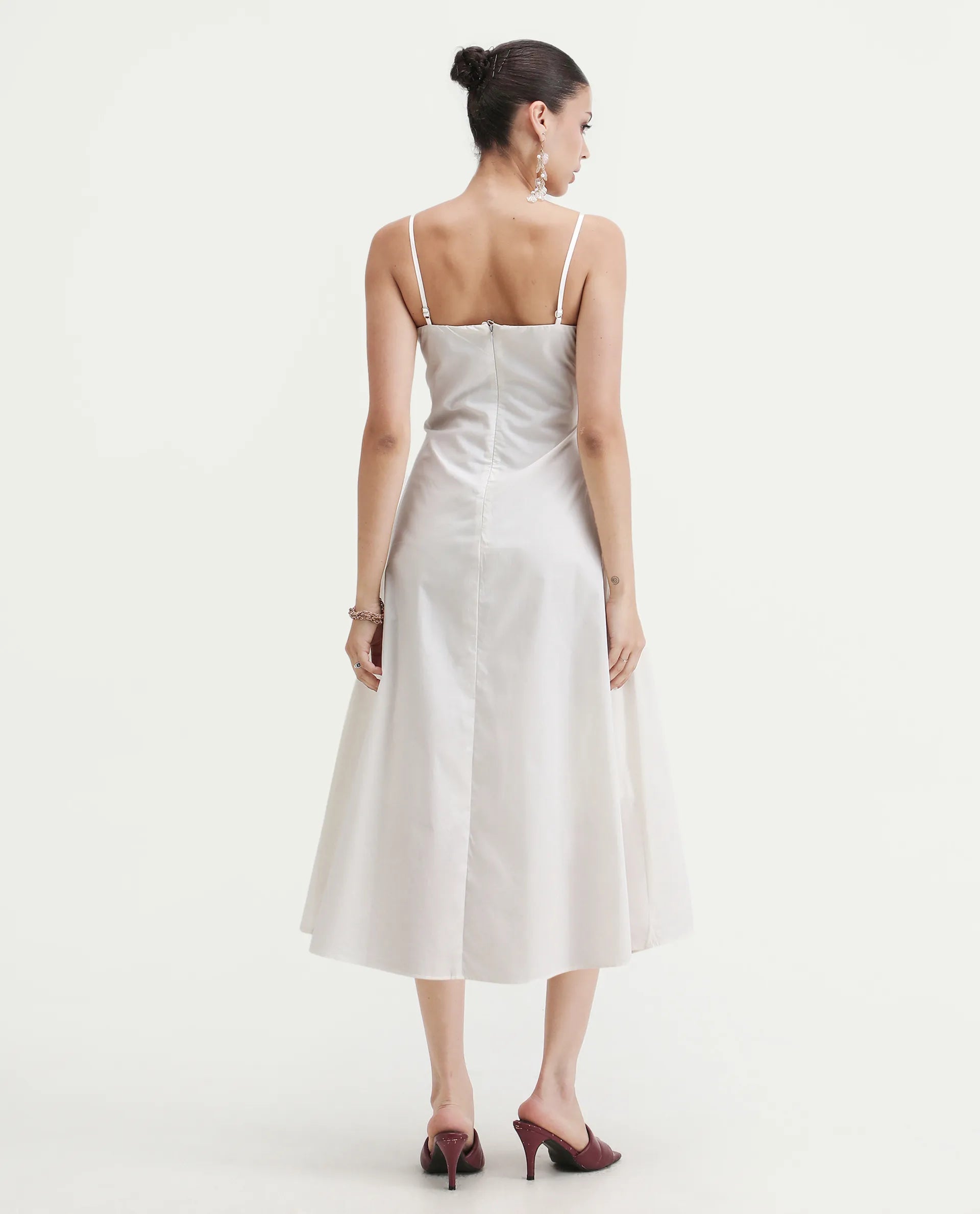 Rareism Women's Janpola White Cotton Shoulder Strap Embroidered Midi Flared Dress