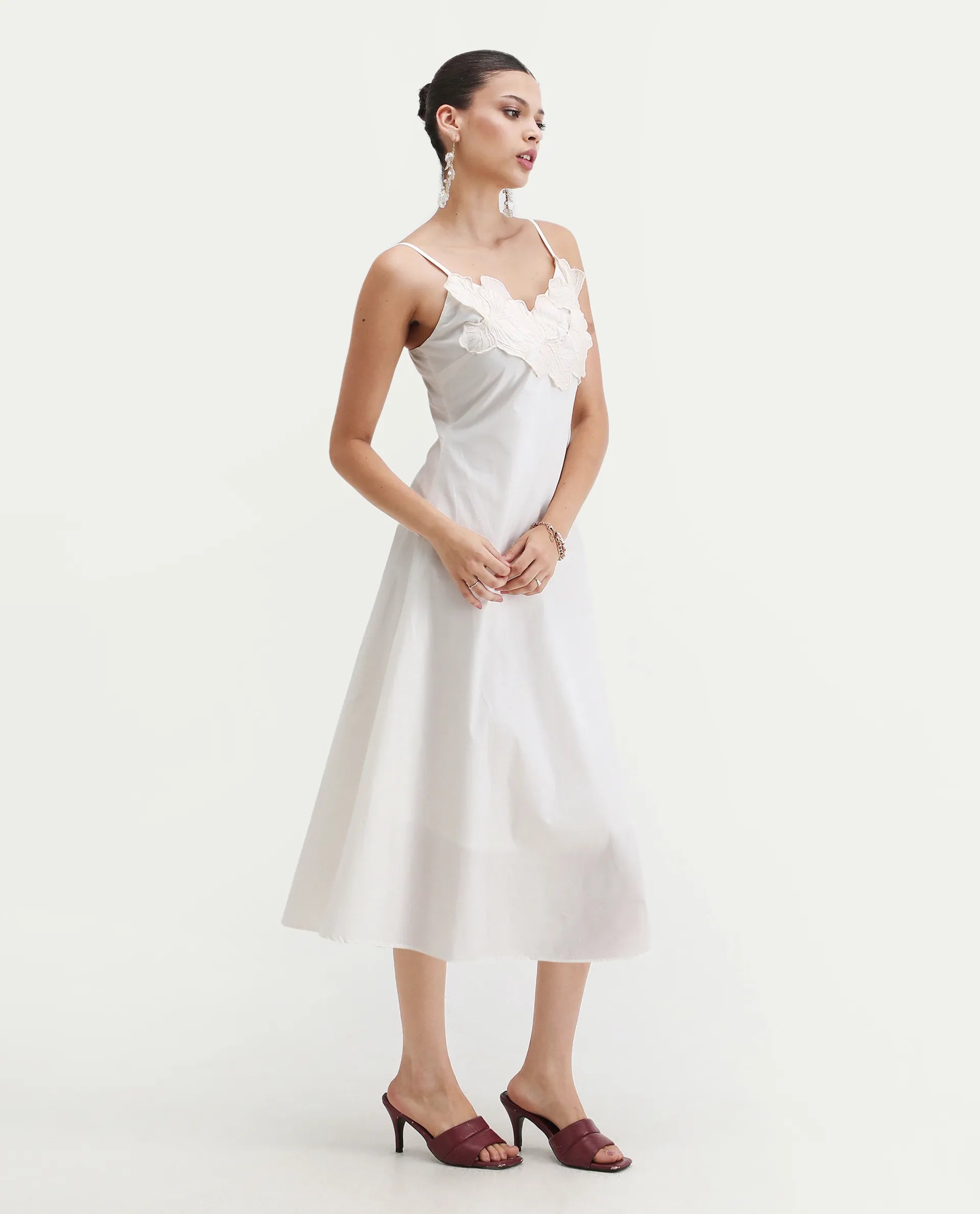 Rareism Women's Janpola White Cotton Shoulder Strap Embroidered Midi Flared Dress