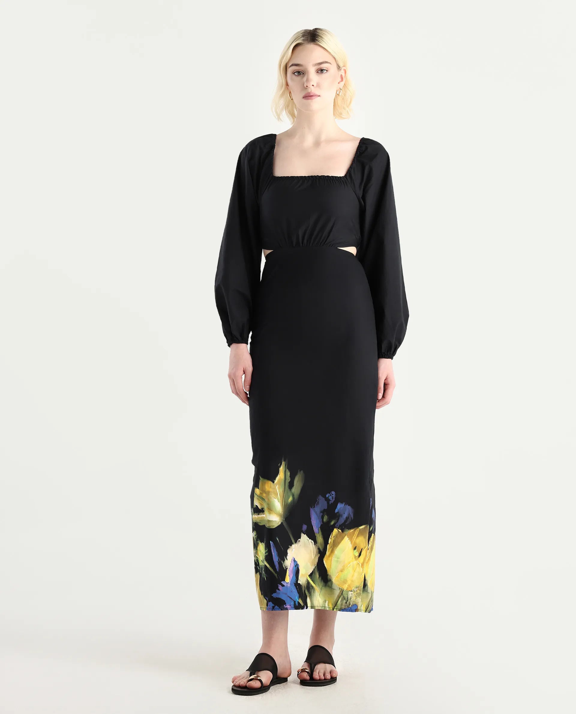 Rareism Women's Janqurt Black Cotton Square Neck Floral Print Bishop Sleeve Maxi Fitted Dress