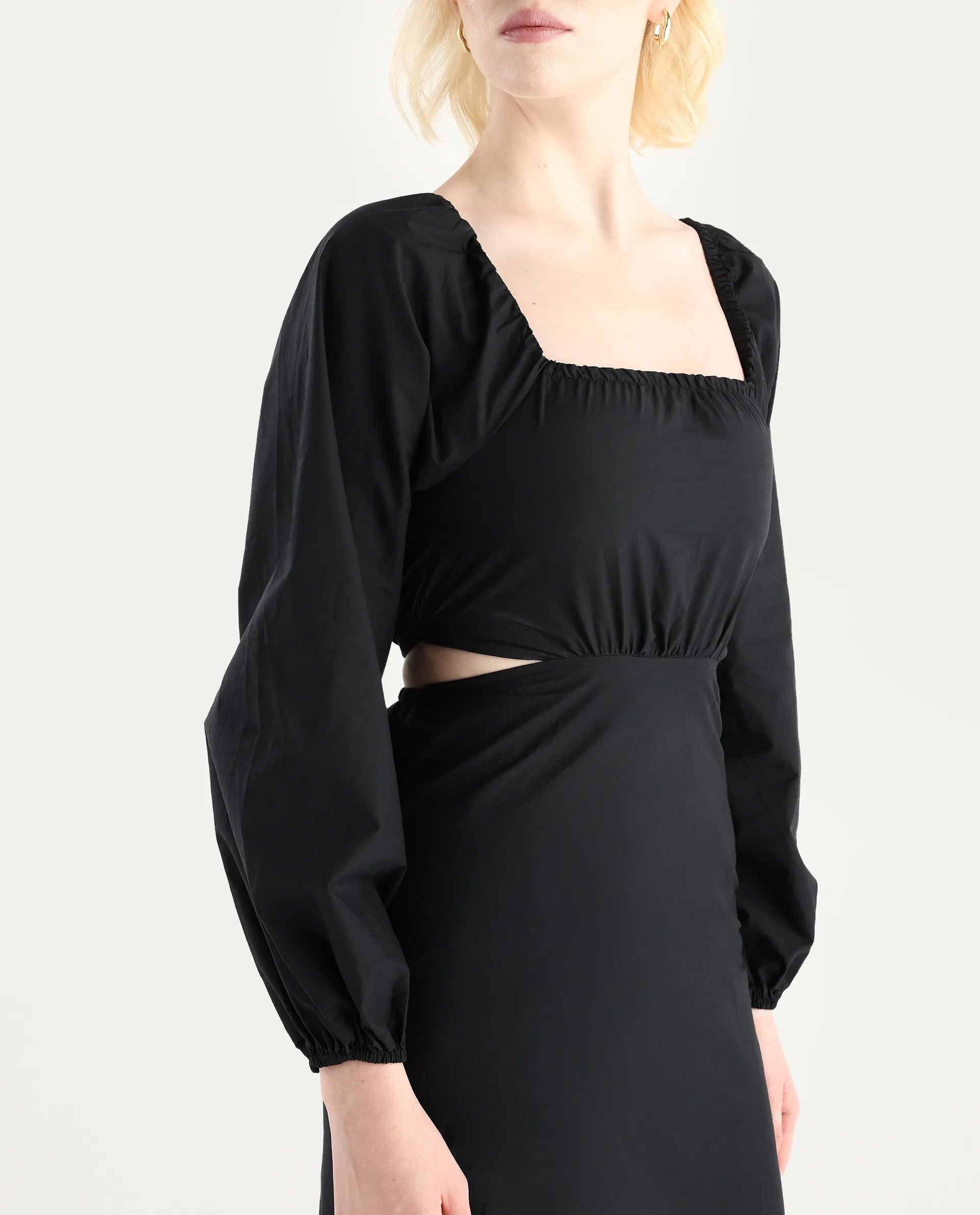 Rareism Women's Janqurt Black Cotton Square Neck Floral Print Bishop Sleeve Maxi Fitted Dress