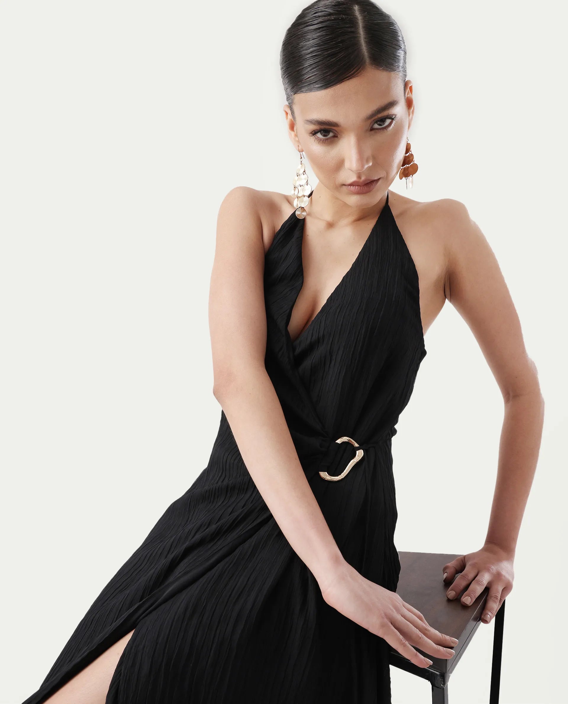 Rareism Women's Janram Black Polyester Tie-Up Neck Plain Sleeveless Maxi Wrap Dress