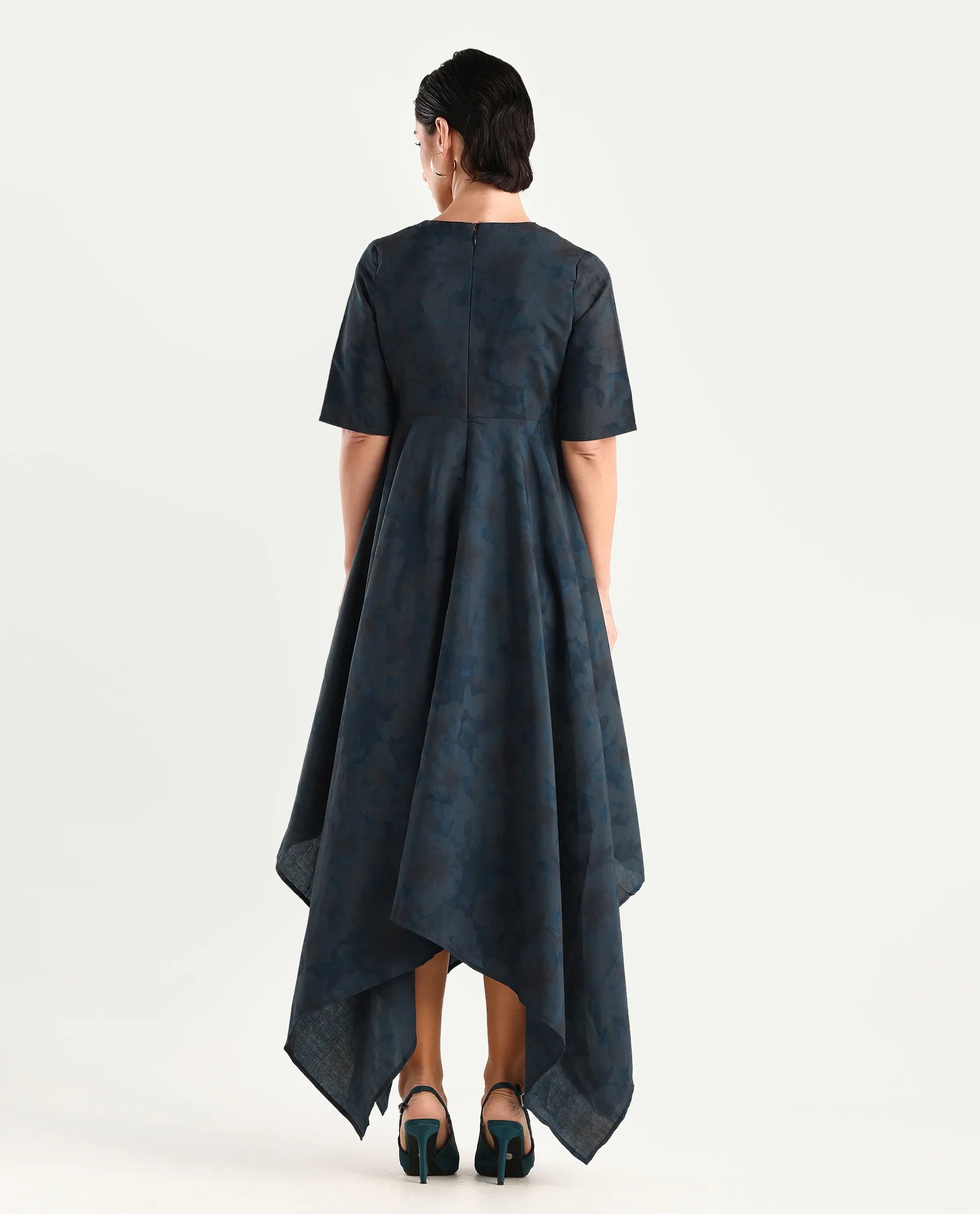 Rareism Women's Janrims Dark Blue Polyester V-Neck Floral Print Bell Sleeve Maxi Fit And Flare Dress