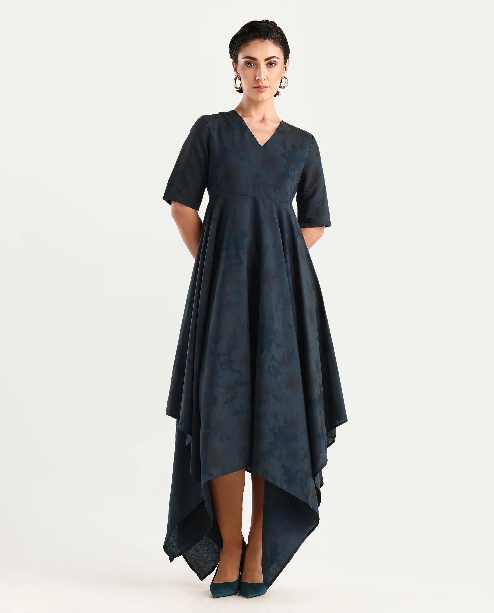 Rareism Women's Janrims Dark Blue Polyester V-Neck Floral Print Bell Sleeve Maxi Fit And Flare Dress