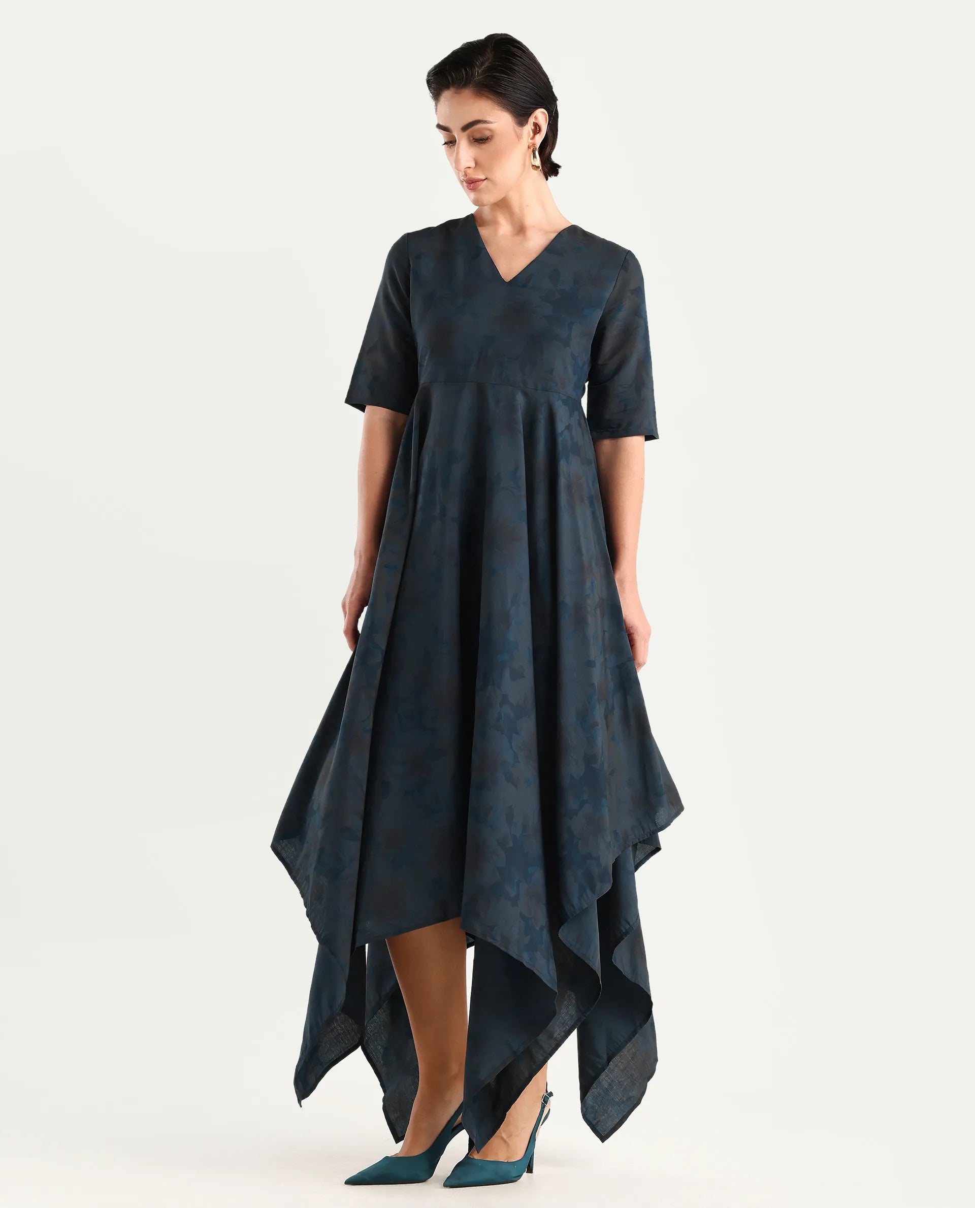 Rareism Women's Janrims Dark Blue Polyester V-Neck Floral Print Bell Sleeve Maxi Fit And Flare Dress