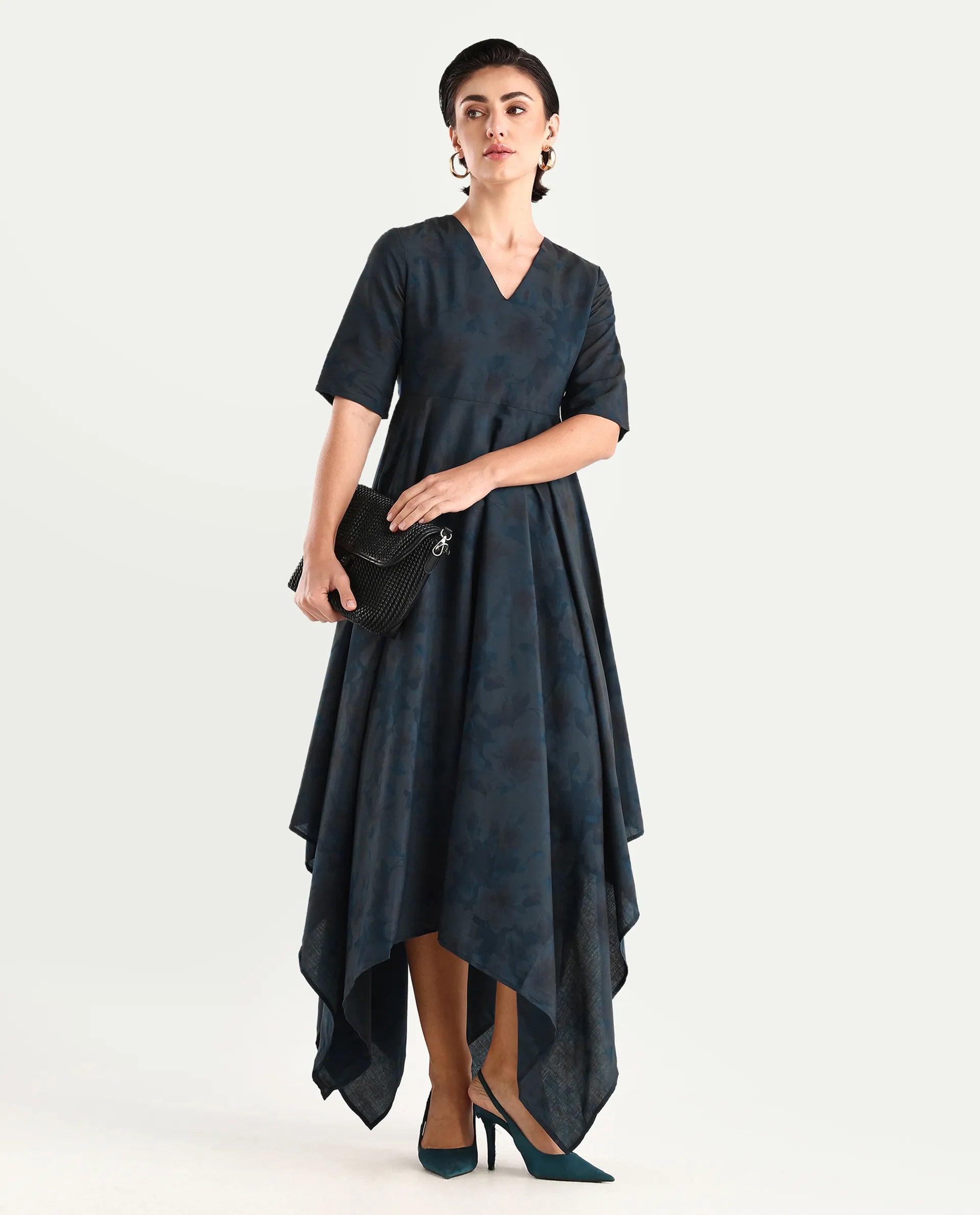 Rareism Women's Janrims Dark Blue Polyester V-Neck Floral Print Bell Sleeve Maxi Fit And Flare Dress