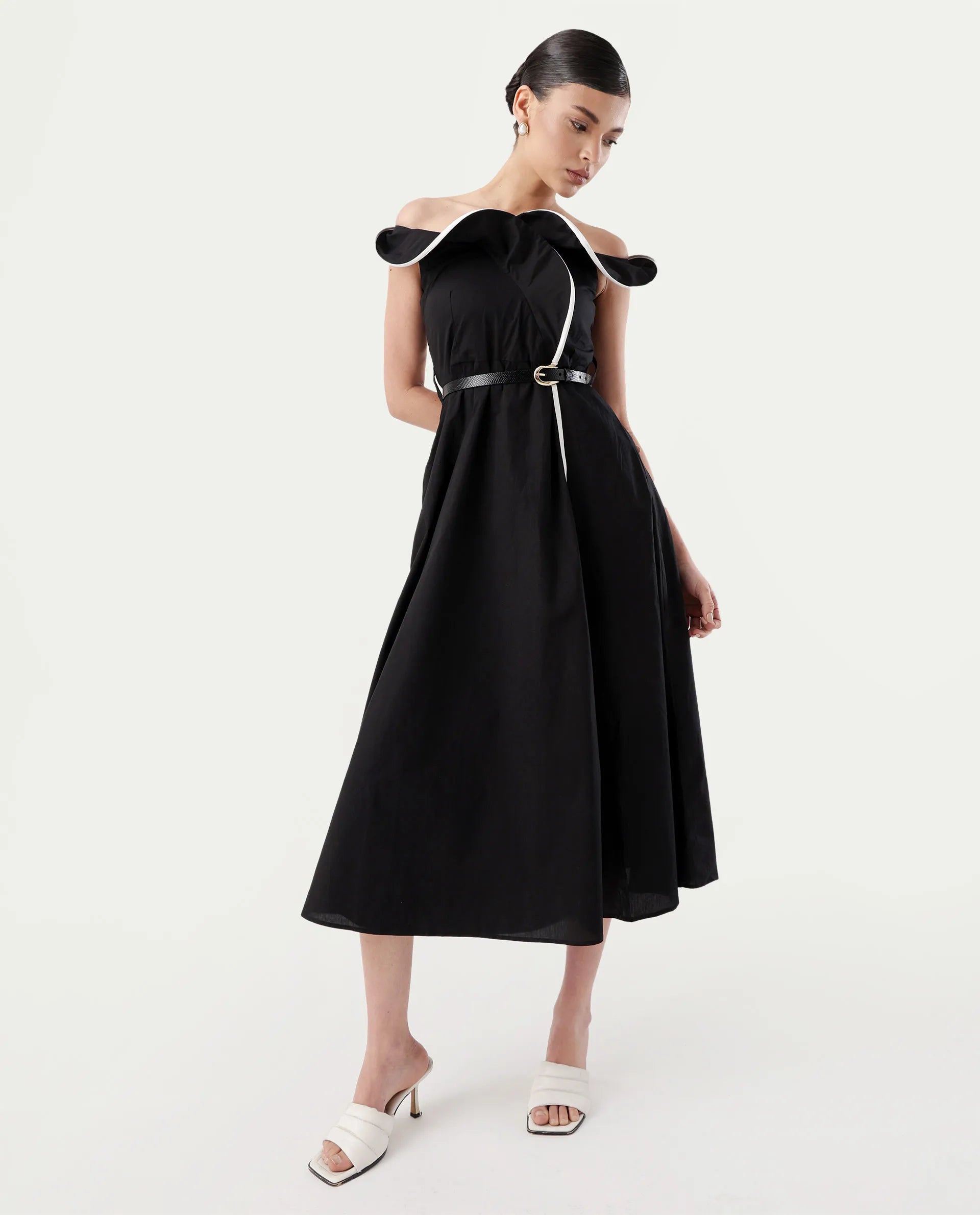 Rareism Women's Janrol Black Cotton Ruffled Neck Plain Sleeveless Midi Fit And Flare Dress