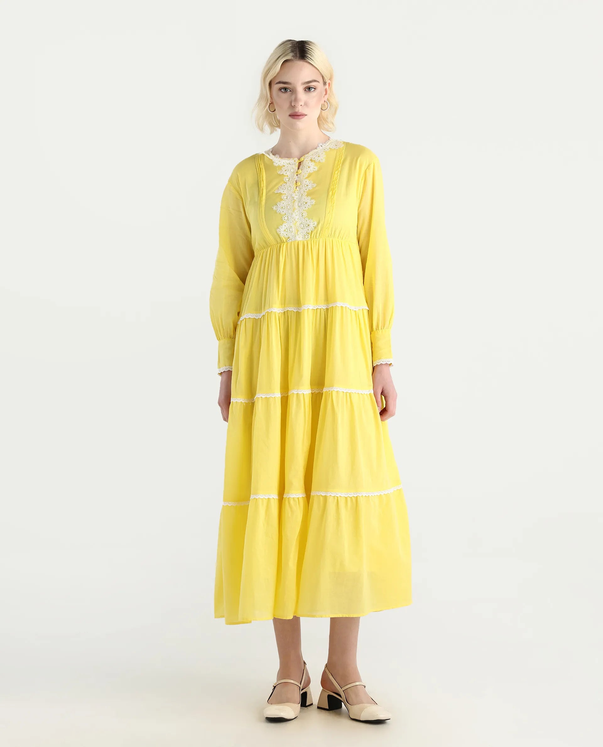 Rareism Women's Janron Mustard Cotton Round Neck Plain Bishop Sleeve Maxi Fit And Flare Dress