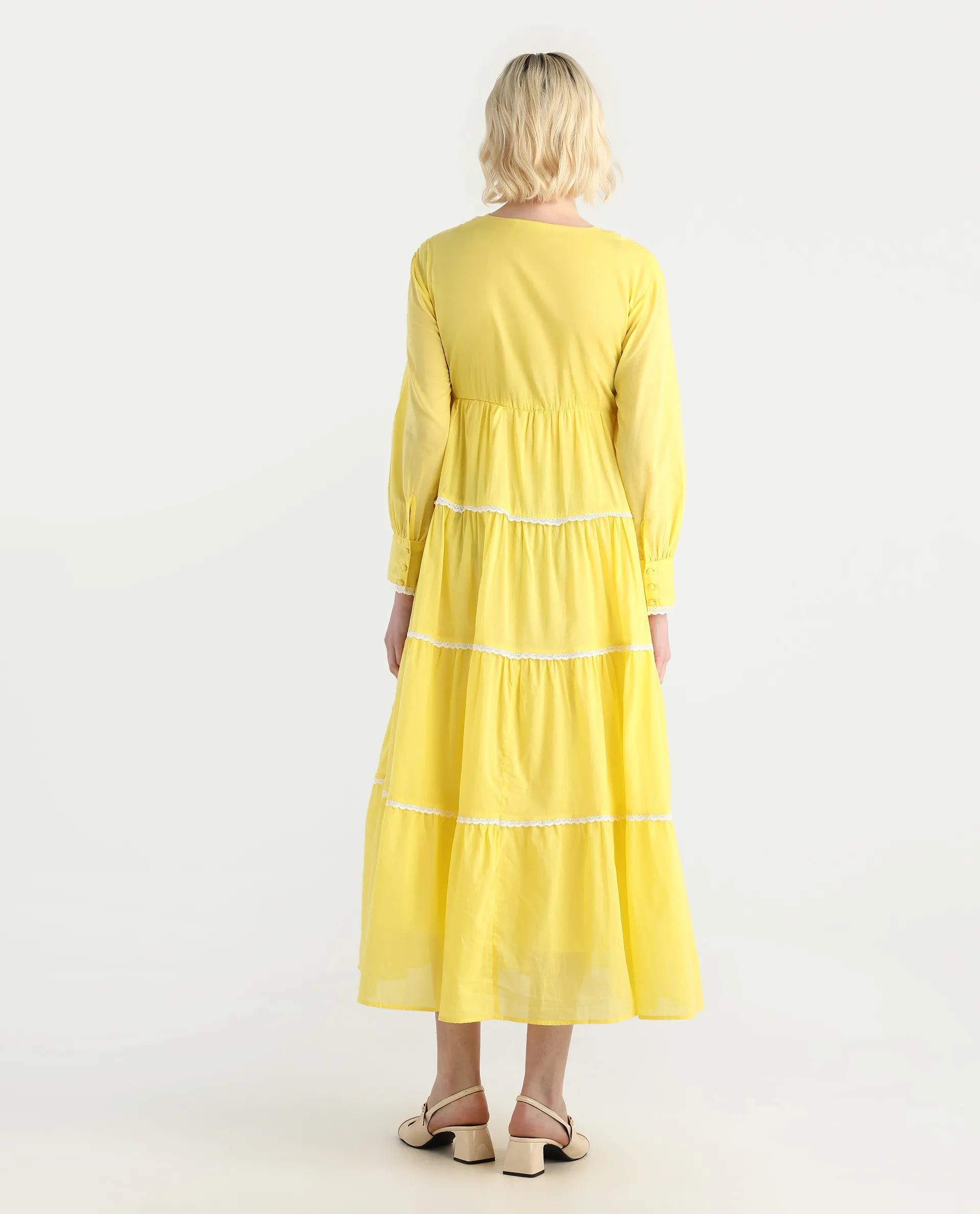 Rareism Women's Janron Mustard Cotton Round Neck Plain Bishop Sleeve Maxi Fit And Flare Dress