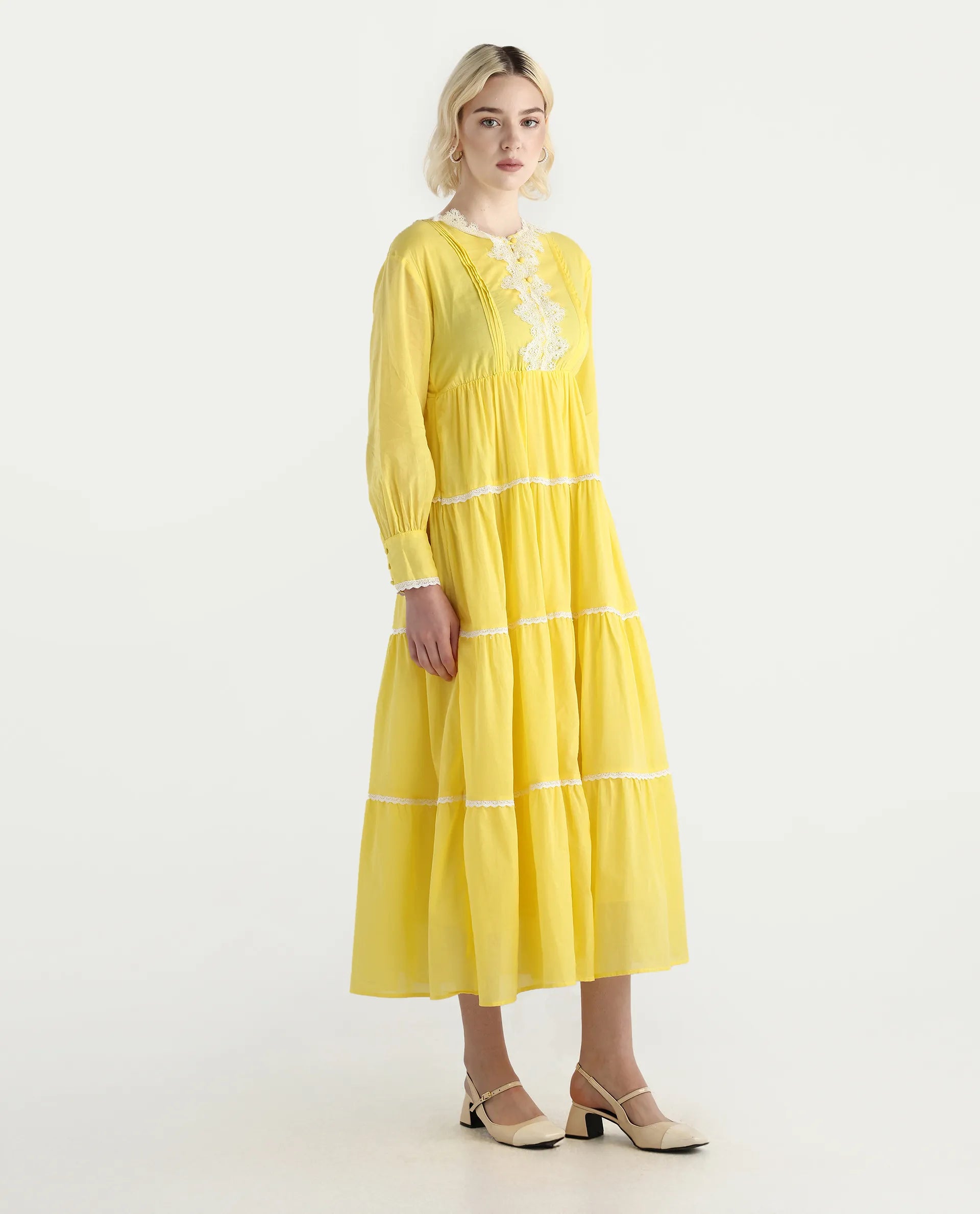 Rareism Women's Janron Mustard Cotton Round Neck Plain Bishop Sleeve Maxi Fit And Flare Dress