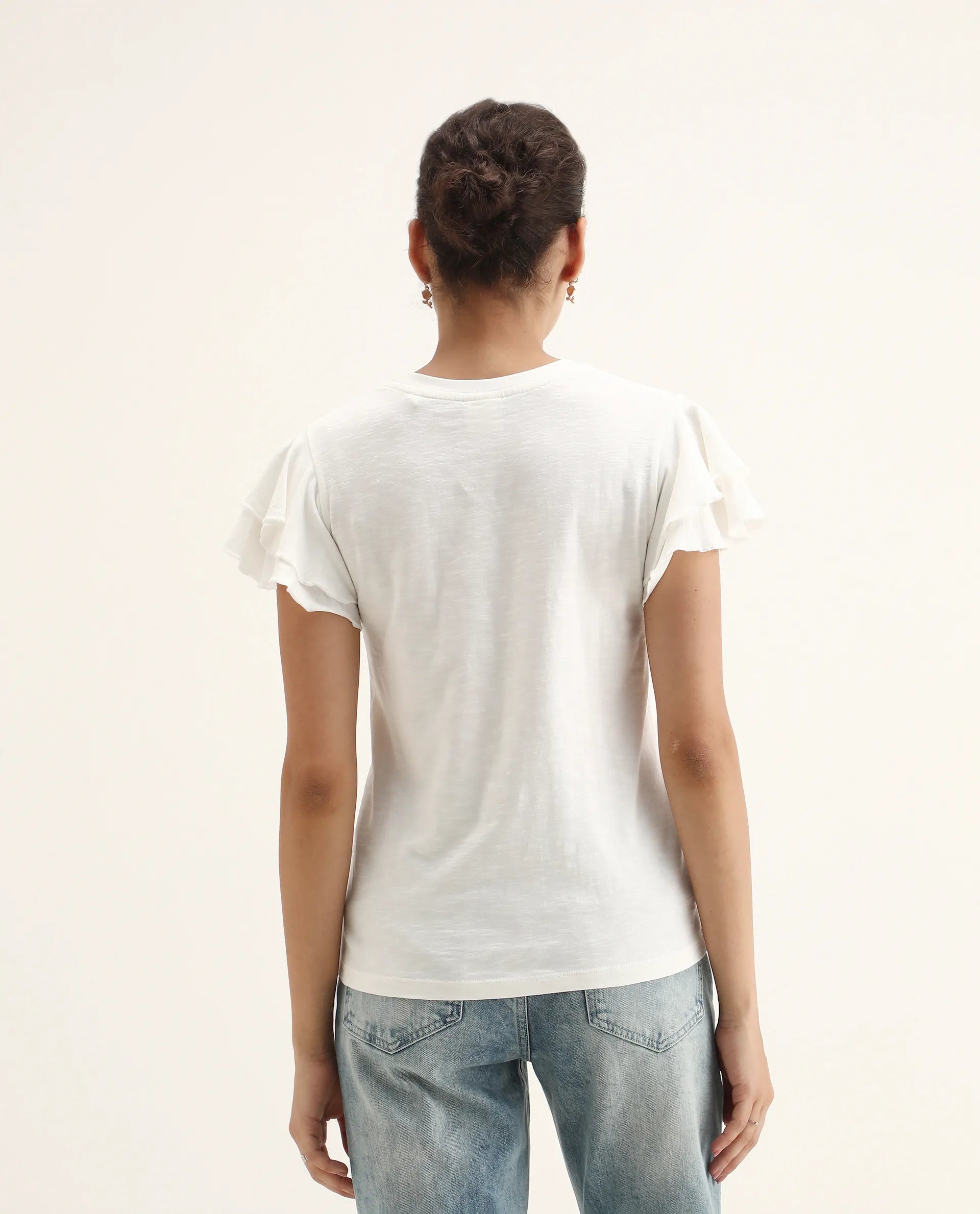 Rareism Women's Janruf Off White Cotton Round Neck Plain Ruffled Sleeve Regular Fit T-Shirt