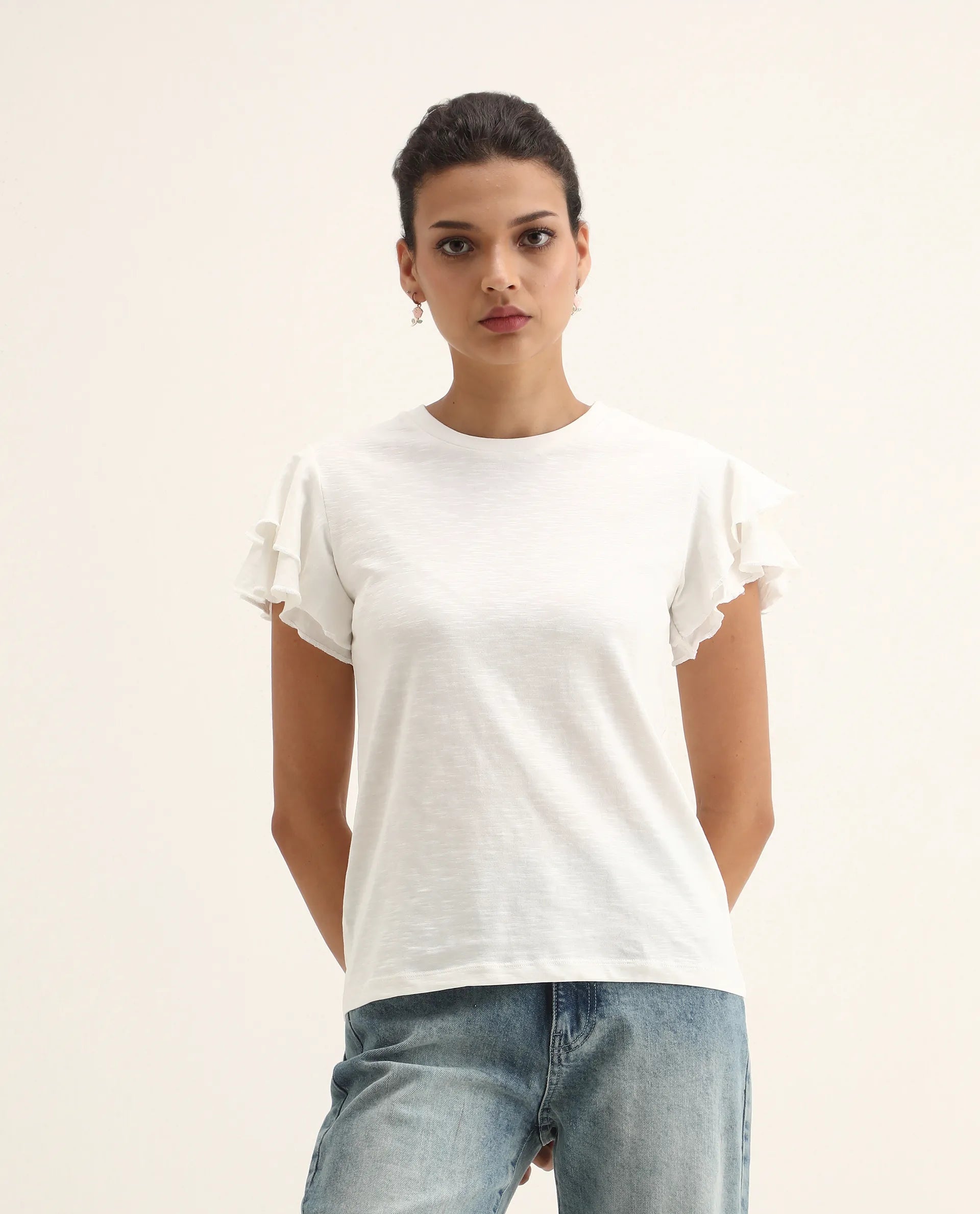 Rareism Women's Janruf Off White Cotton Round Neck Plain Ruffled Sleeve Regular Fit T-Shirt