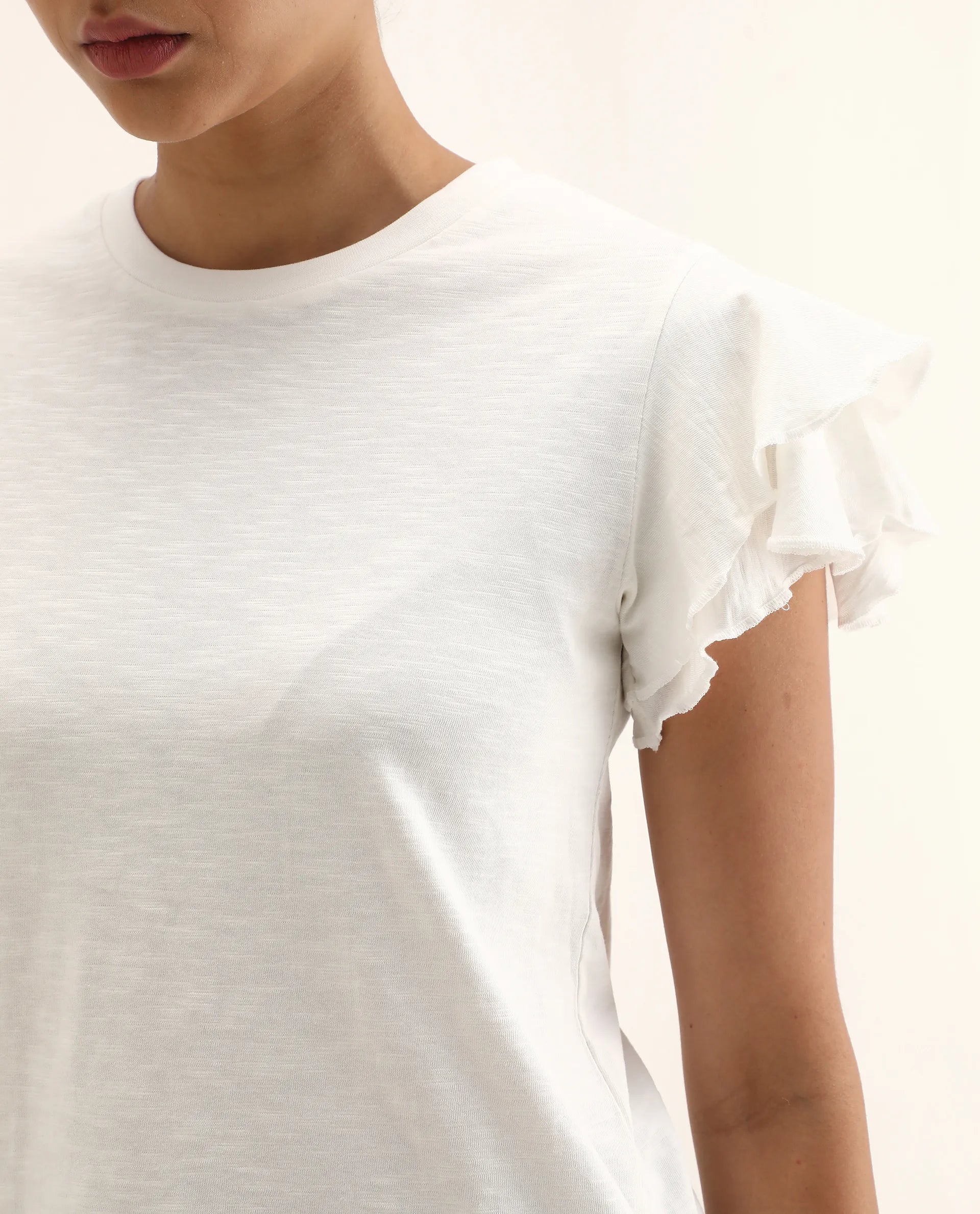 Rareism Women's Janruf Off White Cotton Round Neck Plain Ruffled Sleeve Regular Fit T-Shirt