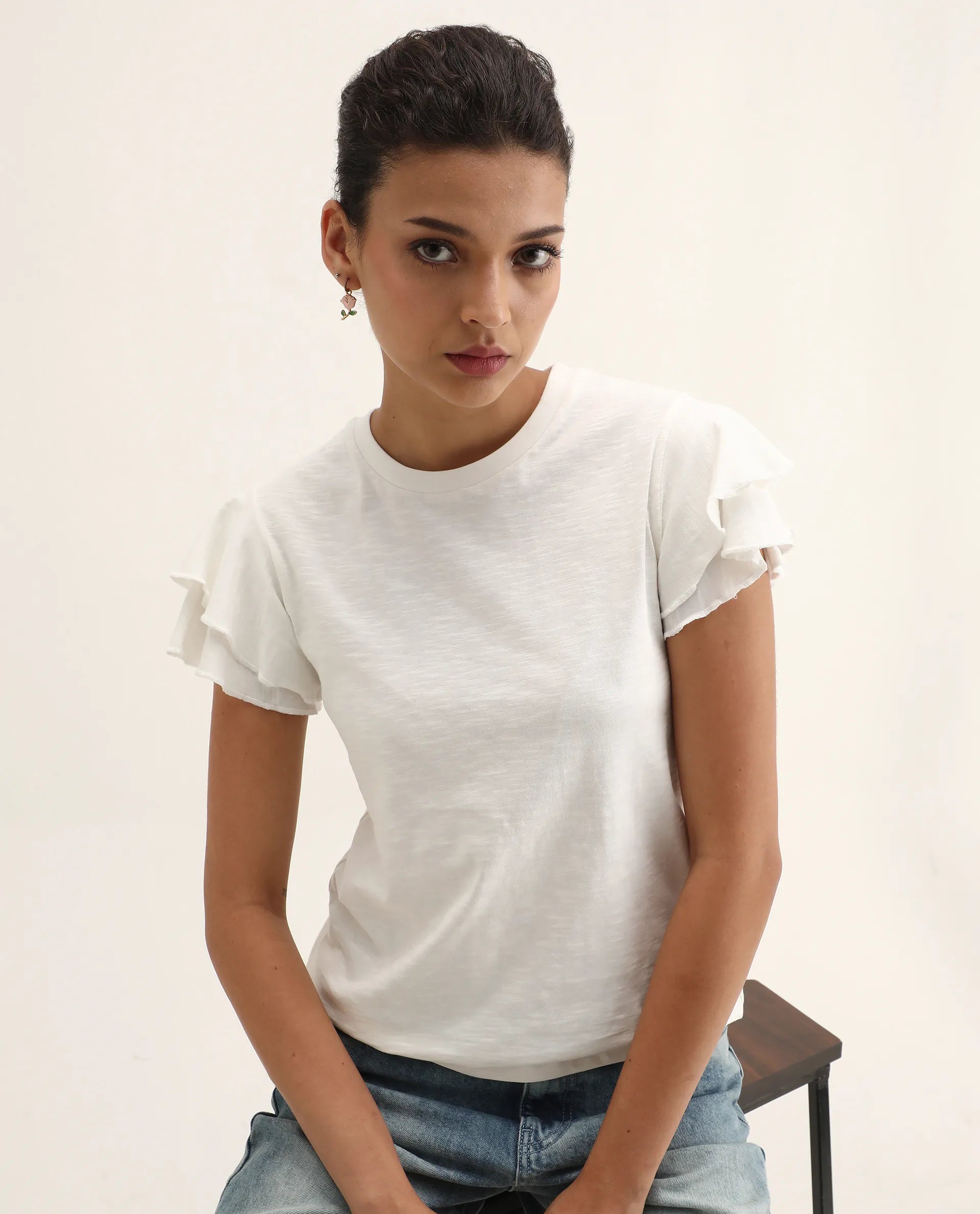 Rareism Women's Janruf Off White Cotton Round Neck Plain Ruffled Sleeve Regular Fit T-Shirt