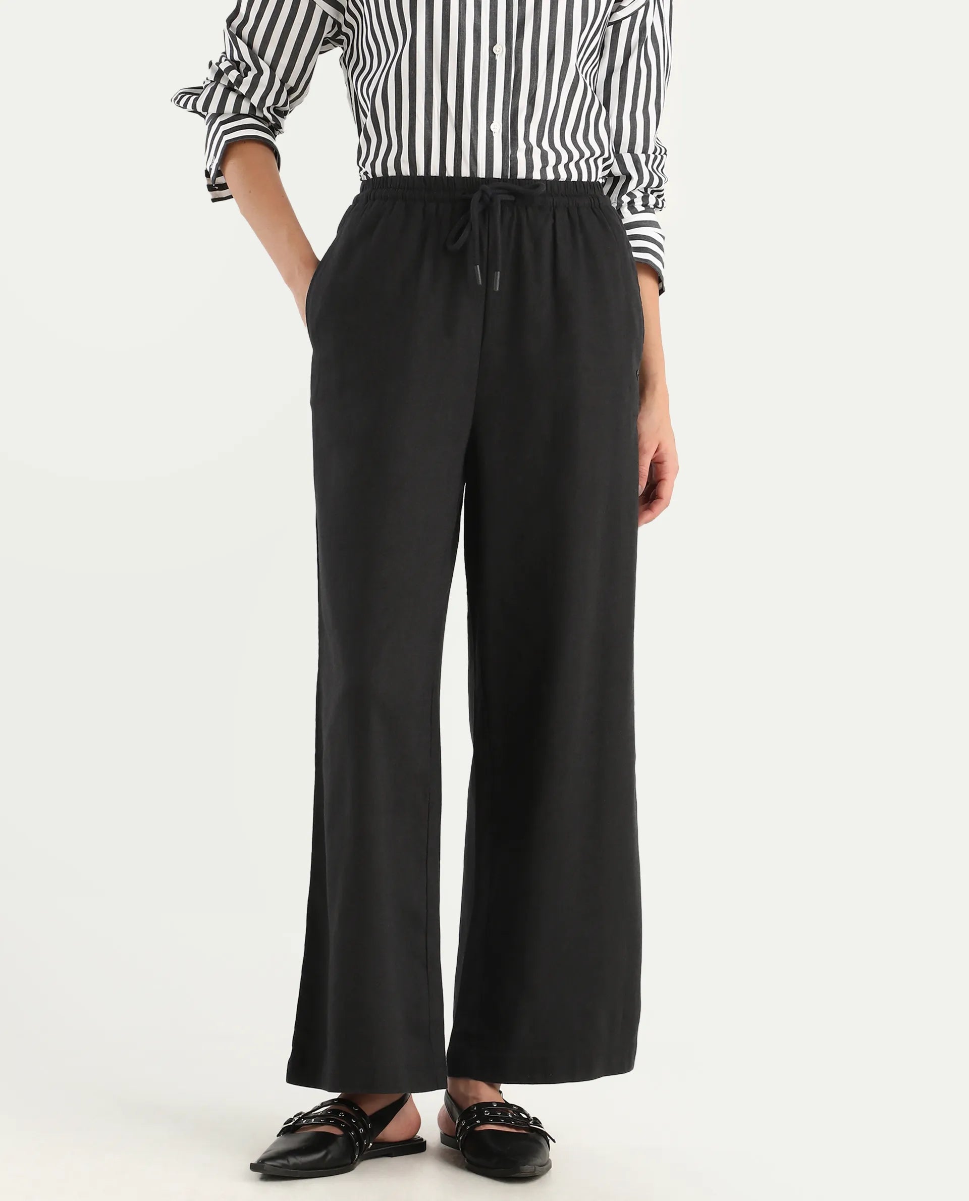 Rareism Women's Janry Black Linen Plain Ankle Length Straight Fit Trouser