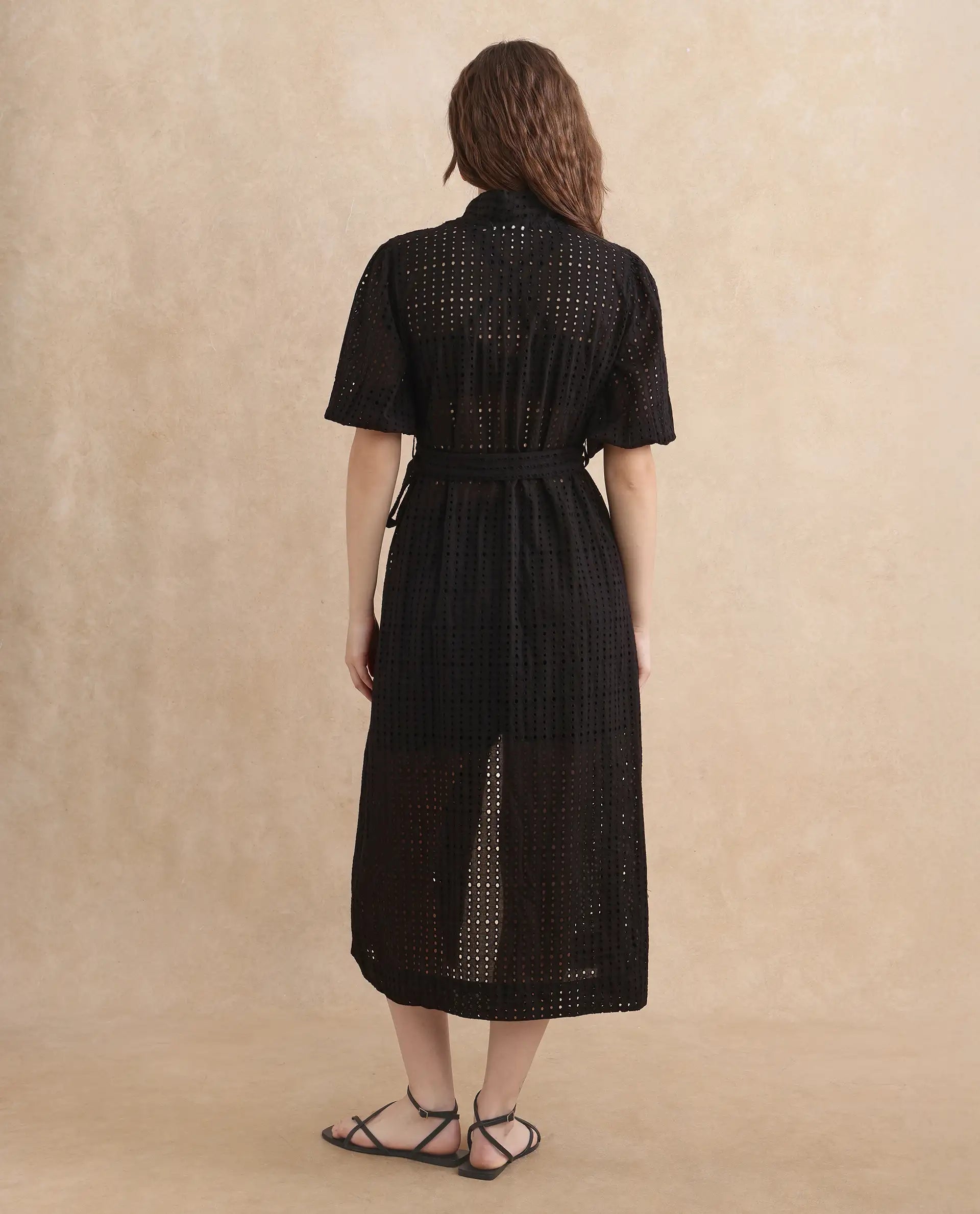 Rareism Women Janslip Black Cotton Fabric Balloon Sleeves Band Collar Regular Fit Maxi Plain Shrug