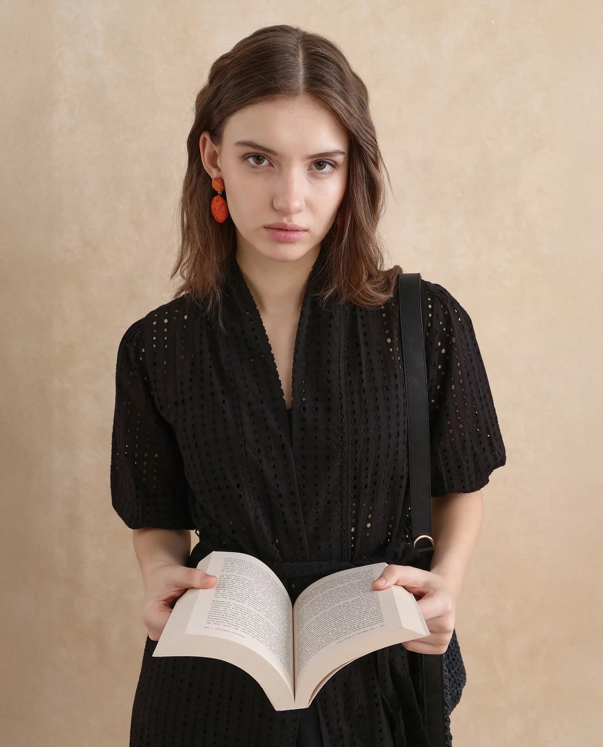 Rareism Women Janslip Black Cotton Fabric Balloon Sleeves Band Collar Regular Fit Maxi Plain Shrug