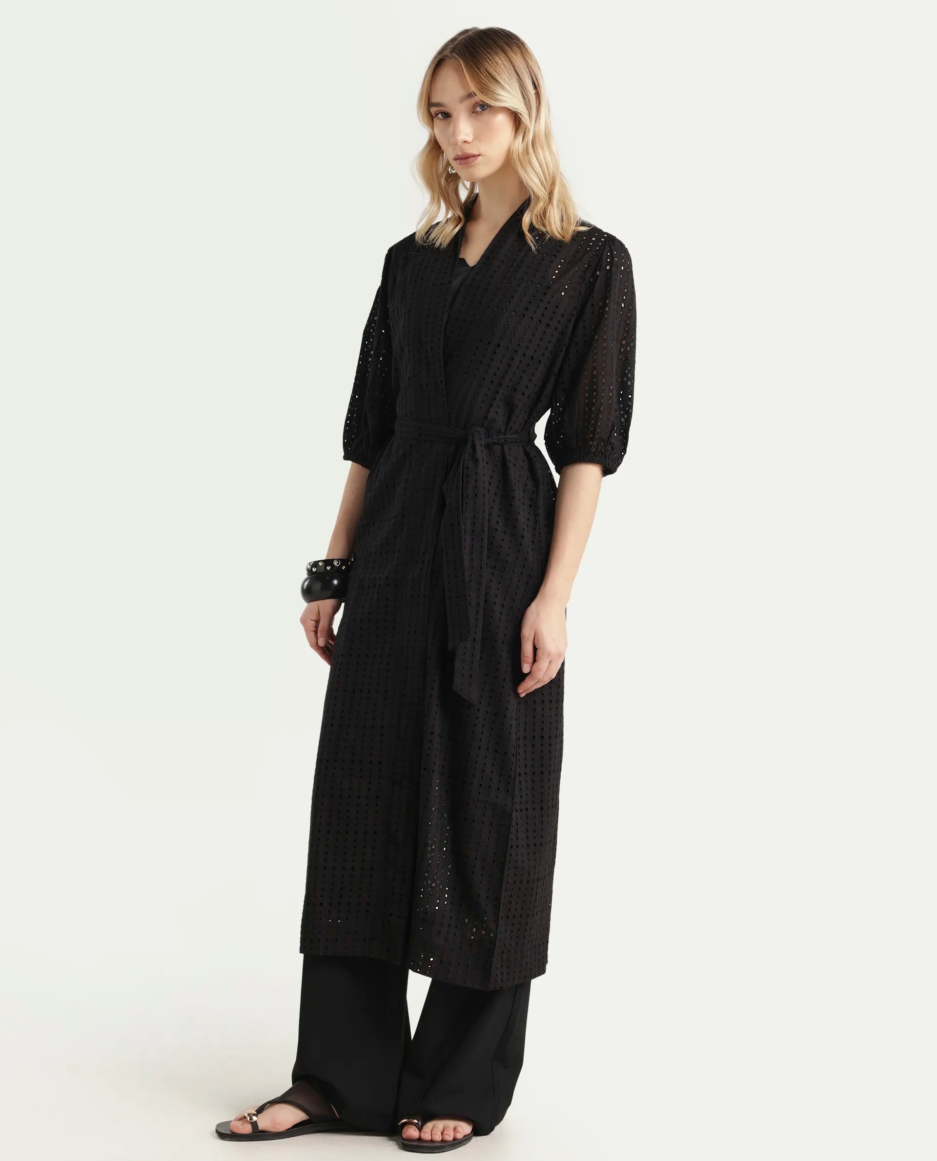 Rareism Women's Janslip Black Cotton Collarless Plain Balloon Sleeve Maxi Regular Fit Shrug