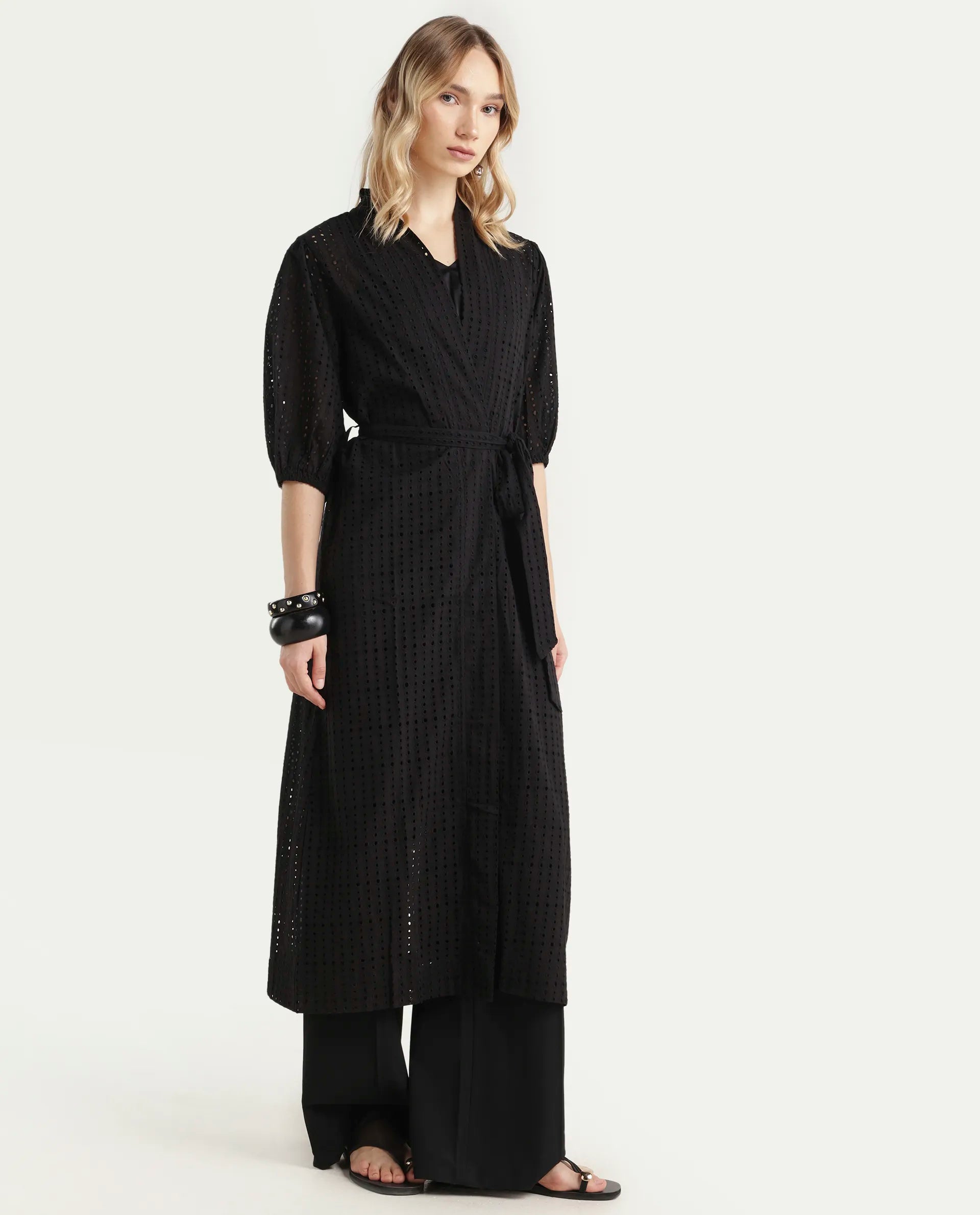 Rareism Women's Janslip Black Cotton Collarless Plain Balloon Sleeve Maxi Regular Fit Shrug