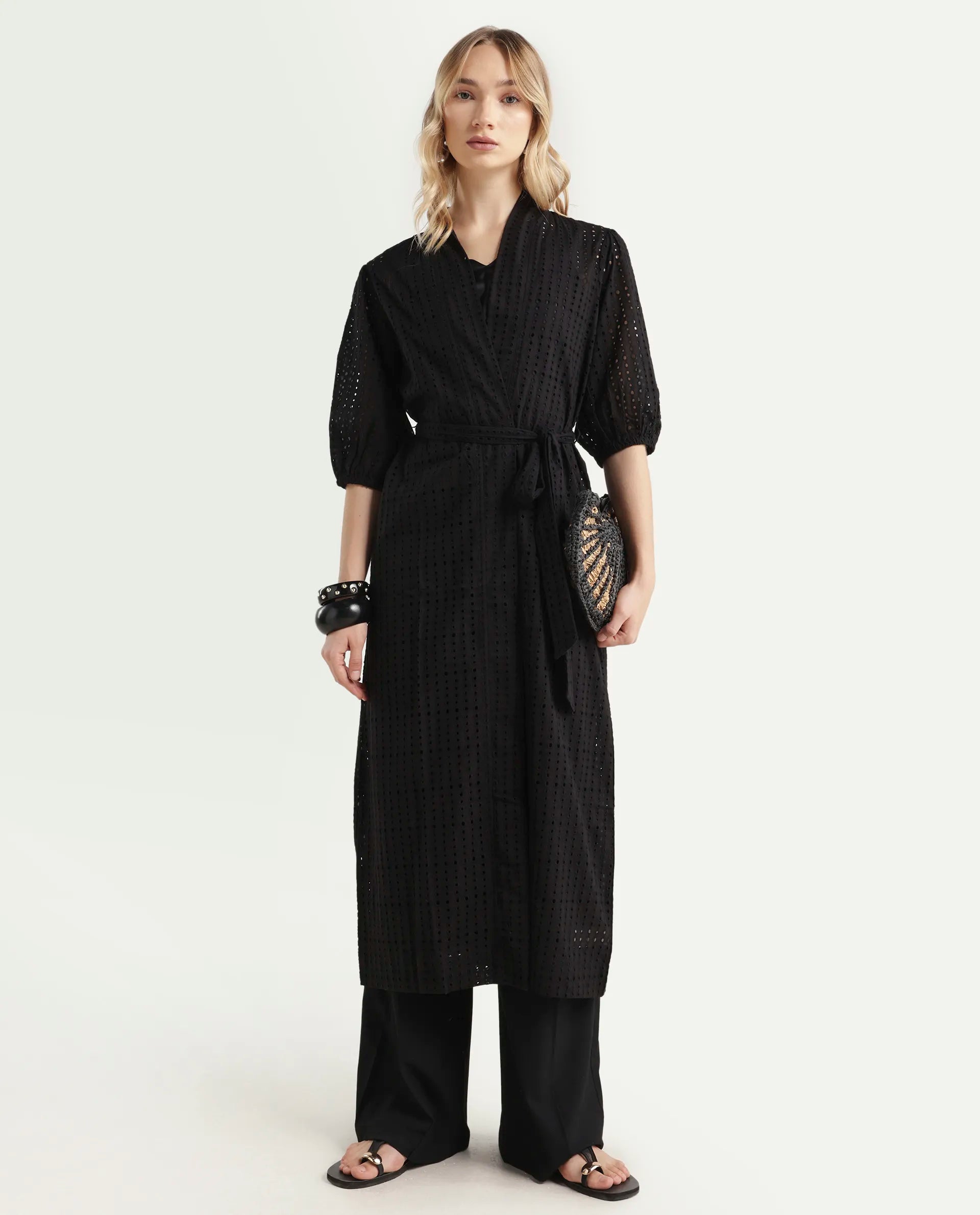 Rareism Women's Janslip Black Cotton Collarless Plain Balloon Sleeve Maxi Regular Fit Shrug