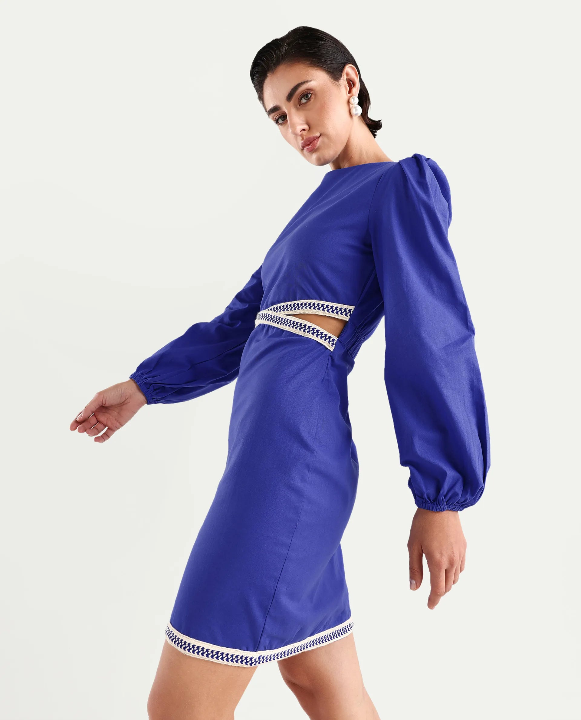 Rareism Women's Jantata Blue Cotton Boat Neck Plain Bishop Sleeve Mini Fitted Dress