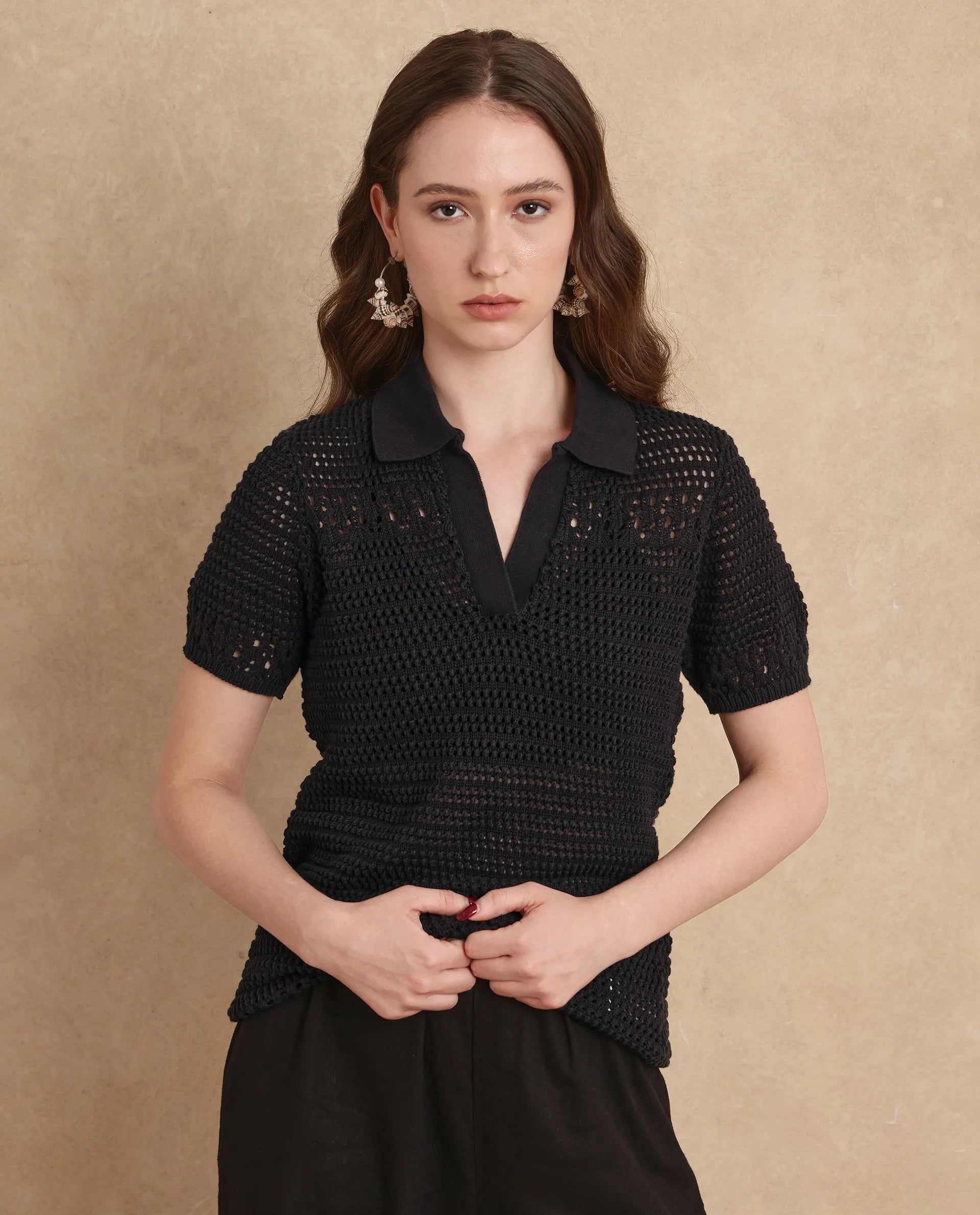 Rareism Women Jantuda Black Rayon Nylon Fabric Regular Sleeve Overlap Neck Regular Fit Plain Top