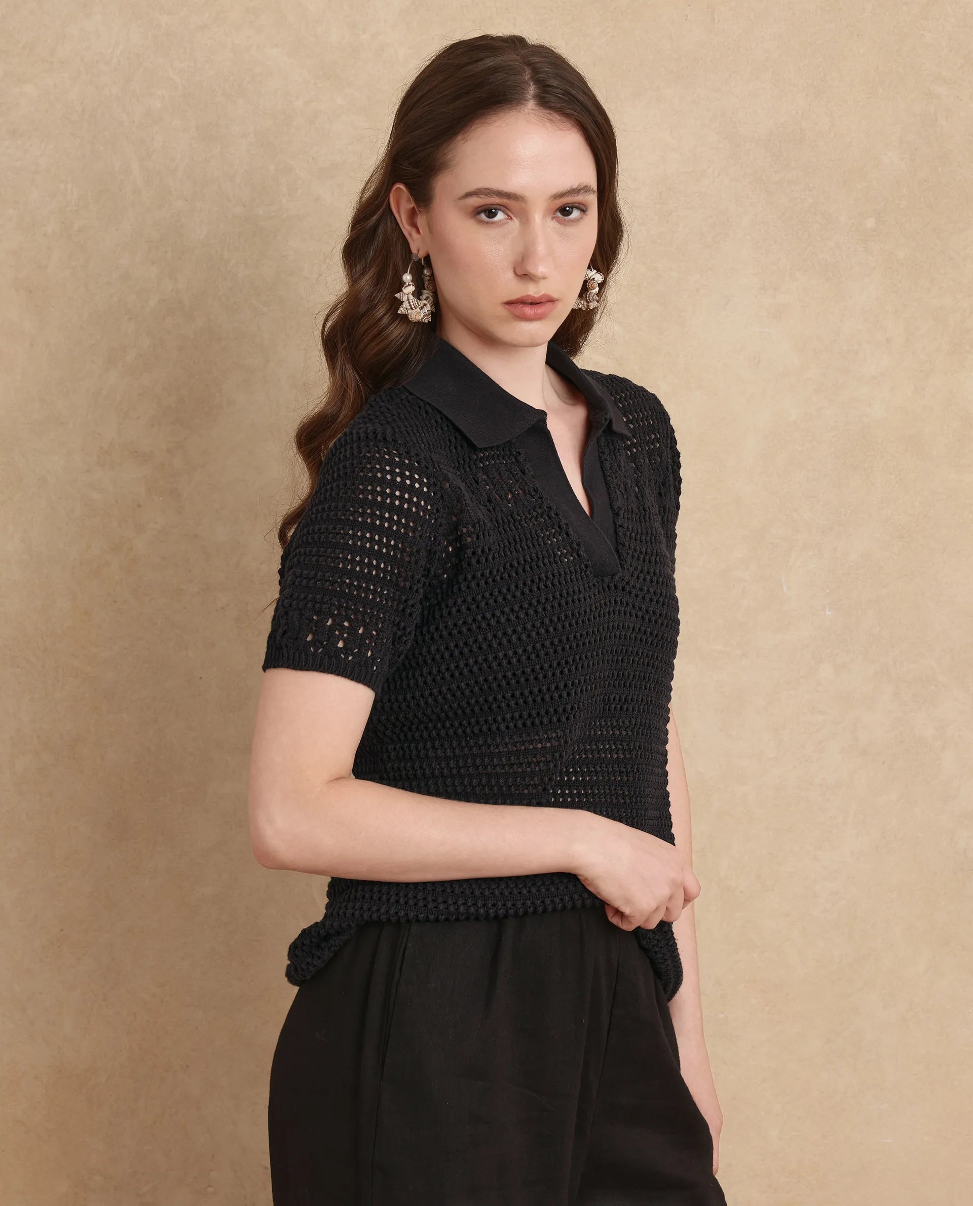 Rareism Women Jantuda Black Rayon Nylon Fabric Regular Sleeve Overlap Neck Regular Fit Plain Top