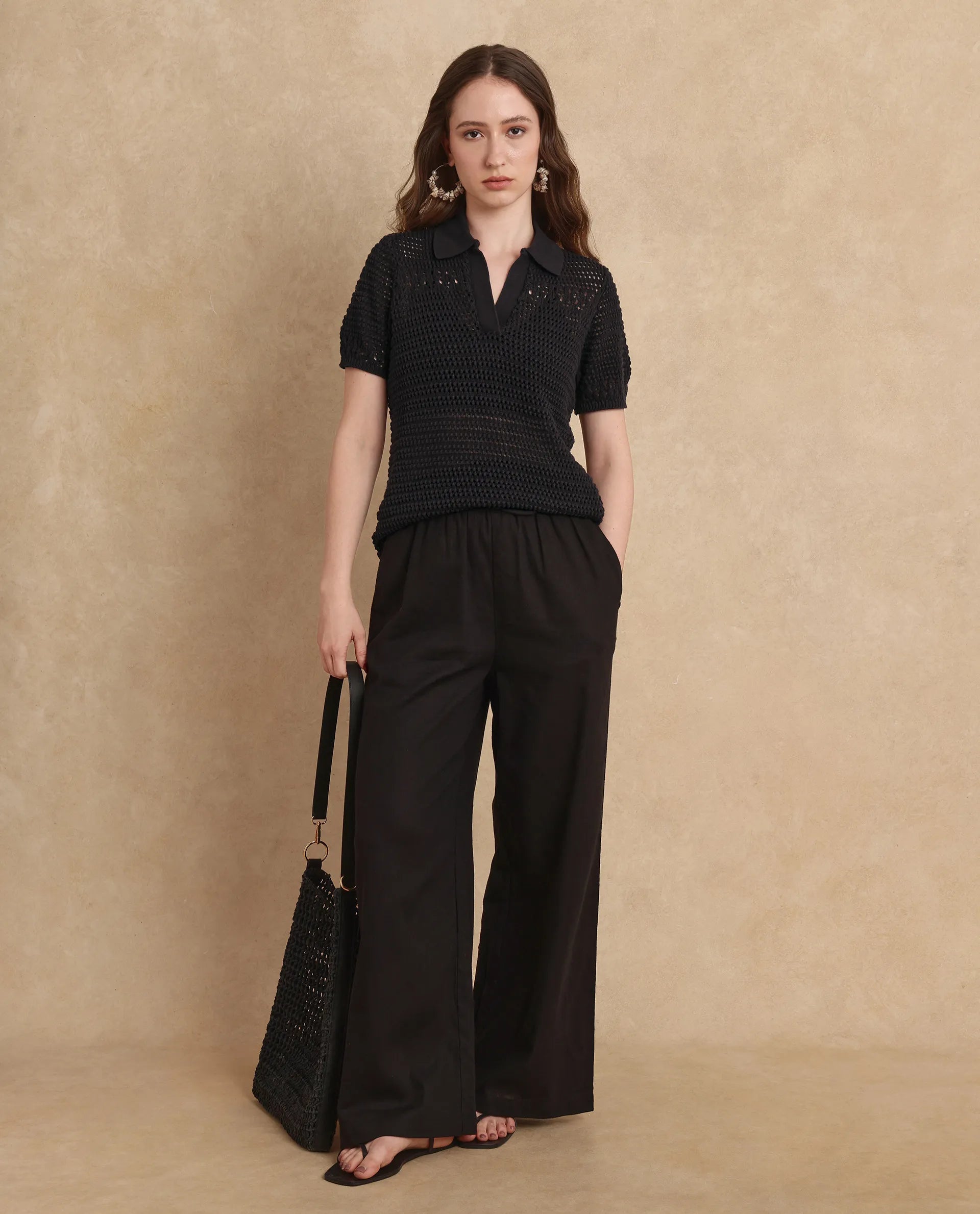 Rareism Women Jantuda Black Rayon Nylon Fabric Regular Sleeve Overlap Neck Regular Fit Plain Top