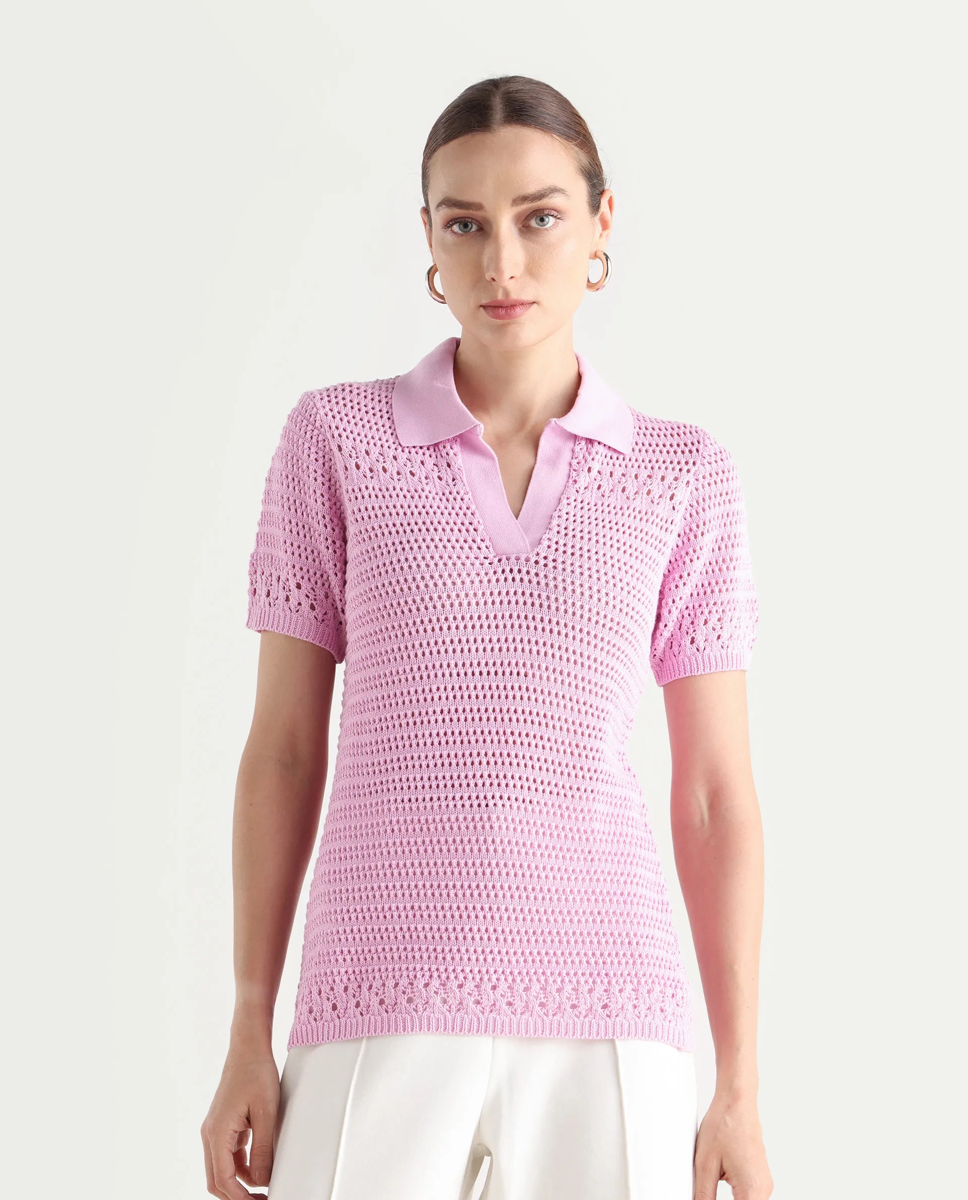 Rareism Women's Jantuda Light Pink Cotton Johnny Collar Plain Regular Fit Top