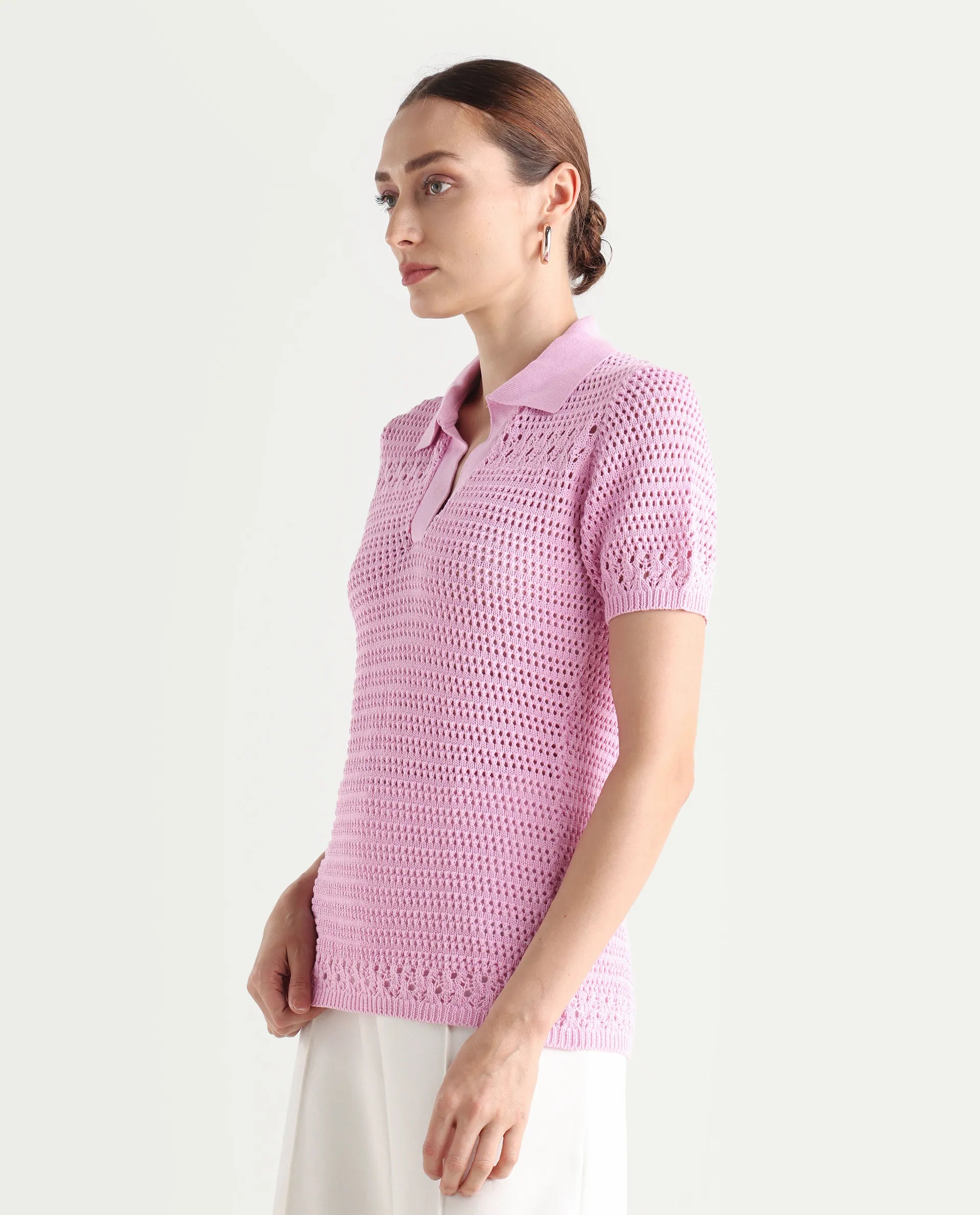 Rareism Women's Jantuda Light Pink Cotton Johnny Collar Plain Regular Fit Top