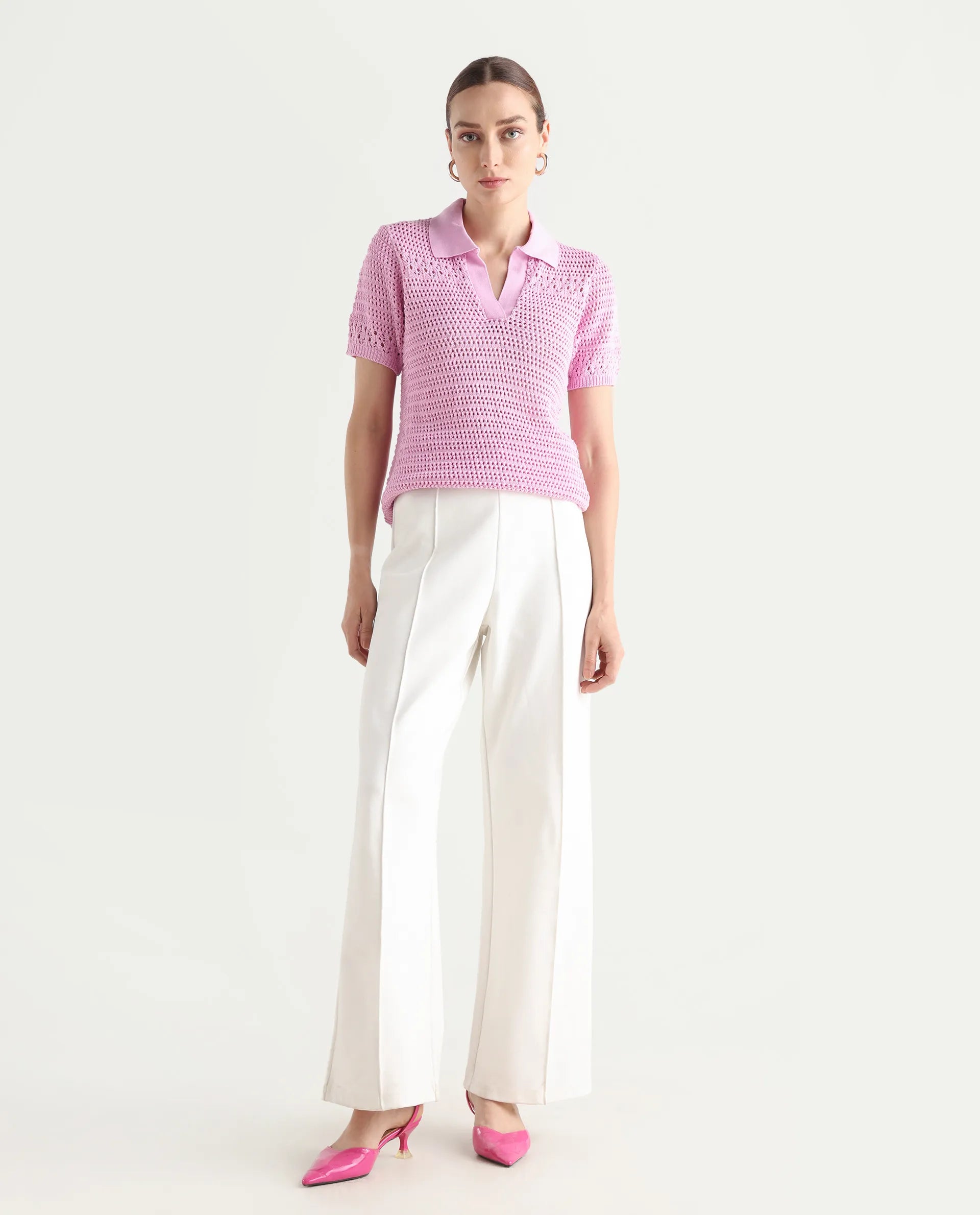 Rareism Women's Jantuda Light Pink Cotton Johnny Collar Plain Regular Fit Top