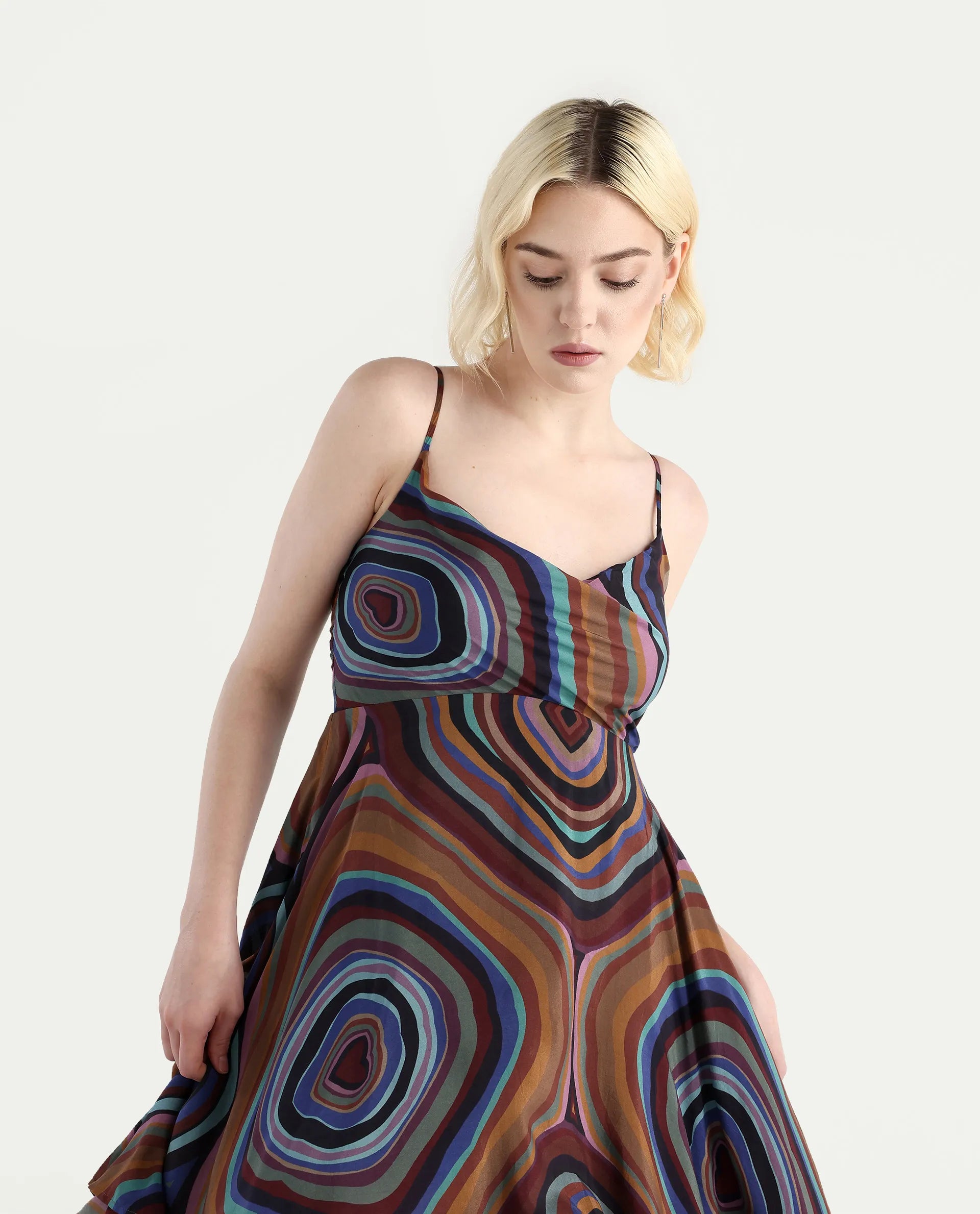 Rareism Women's Janudya Dark Multi Viscose Cowl Neck Abstract Print Sleeveless Maxi Fit And Flare Dress