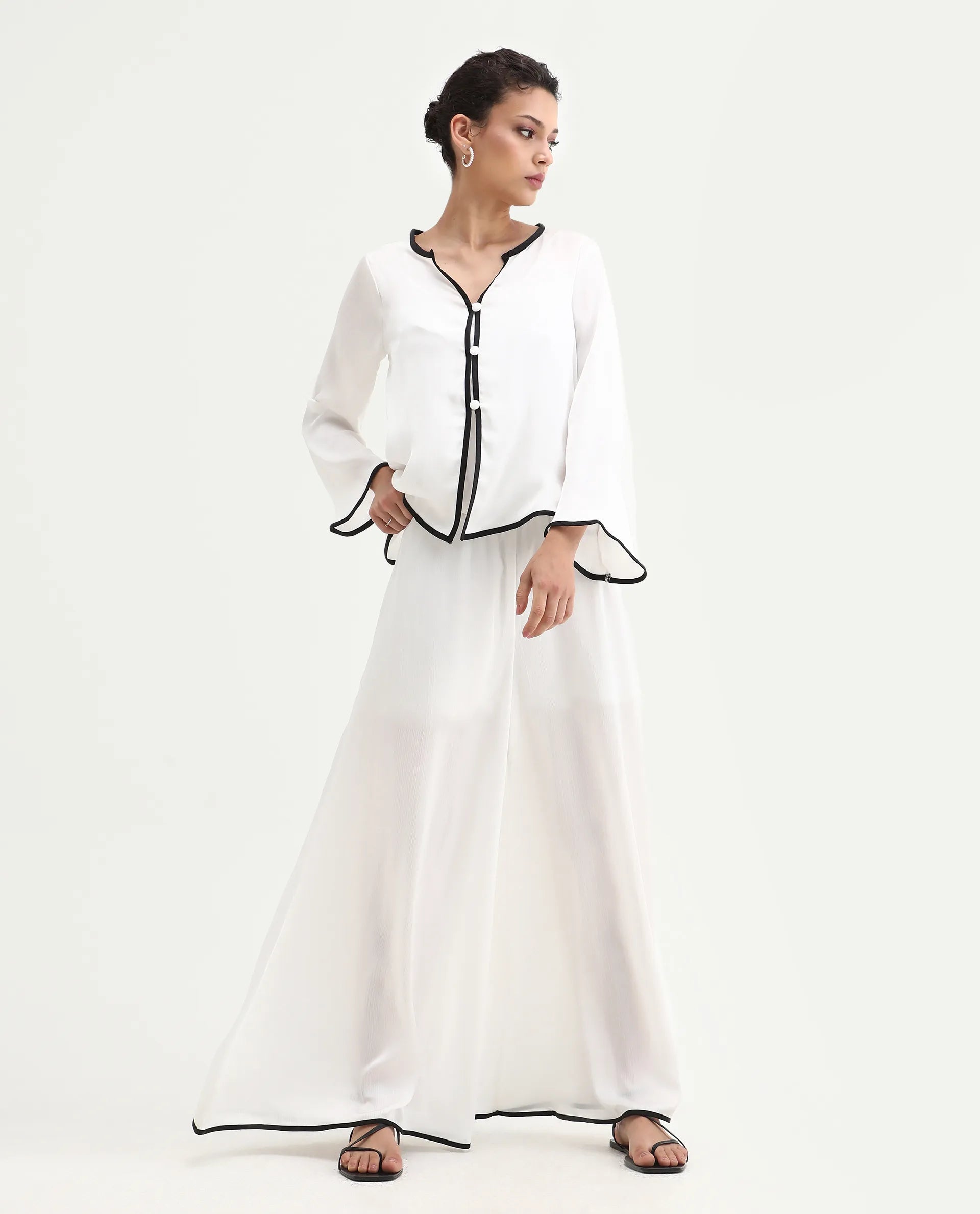 Rareism Women's Janula B White Polyester Plain Ankle Length Flared Trouser