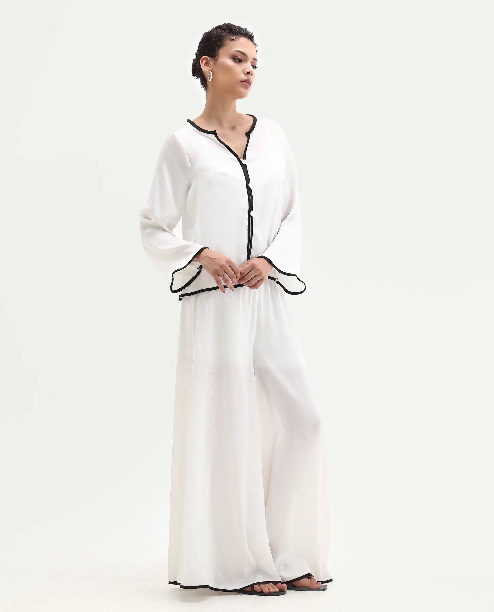 Rareism Women's Janula B White Polyester Plain Ankle Length Flared Trouser